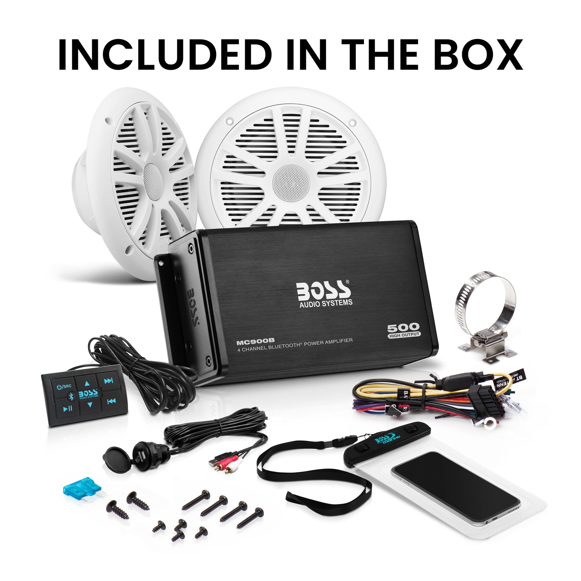 Boss Audio Marine Amplificador de 4 canales, 500 W / bocina de 16.51 cm, sistema Bluetooth de bocinas, Bluetooth remoto, USB auxiliar, interfaz de montaje, bolsa impermeable, Paquete de sistema de Amplificador + 2 bocinas, 1 pair of speakers, Blanco, negr