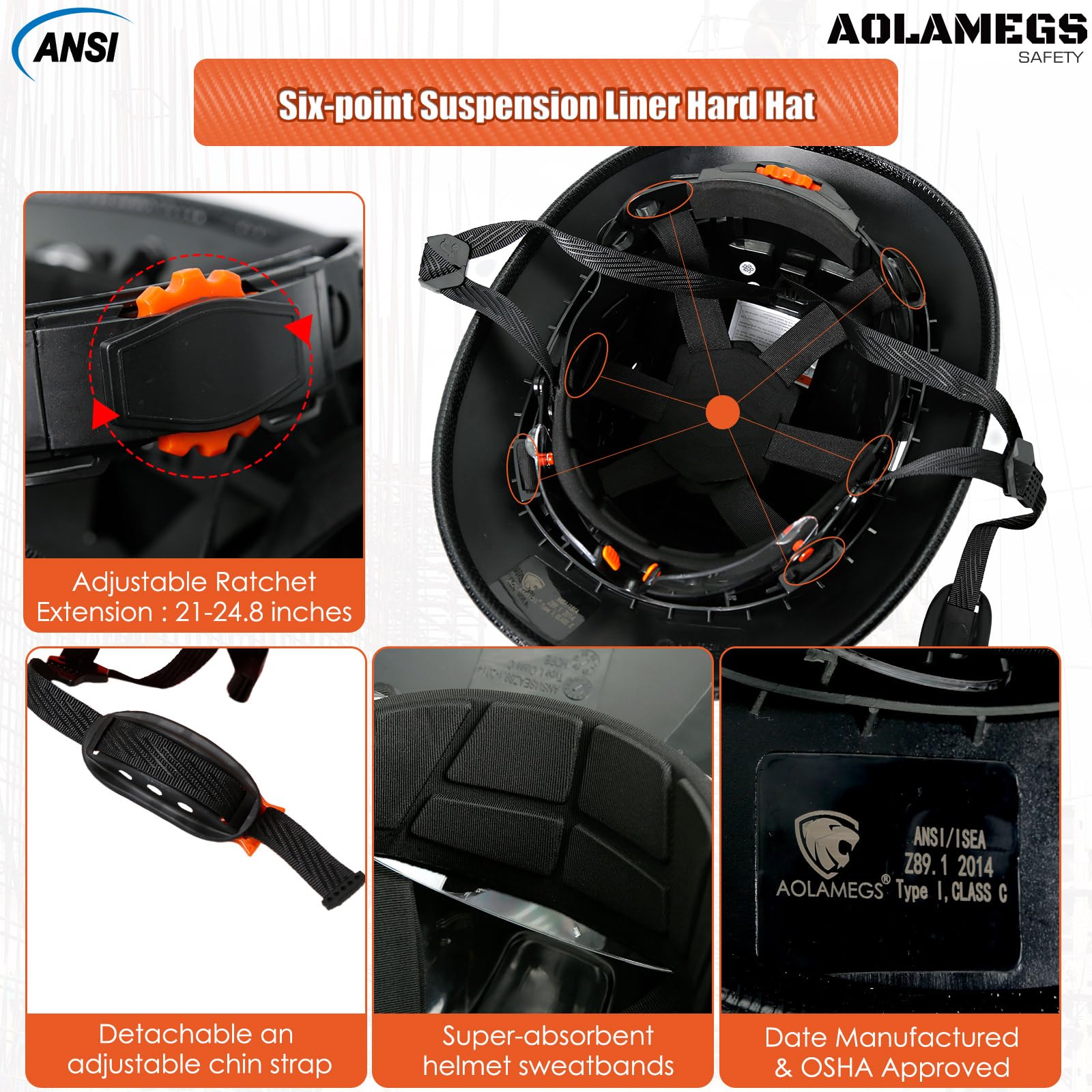 Cascos duros de borde completo con visera de construcción aprobados por OSHA - Cascos duros ventilados para hombres, Casco duro negro con correa para la barbilla, seguridad negro con visera tintada