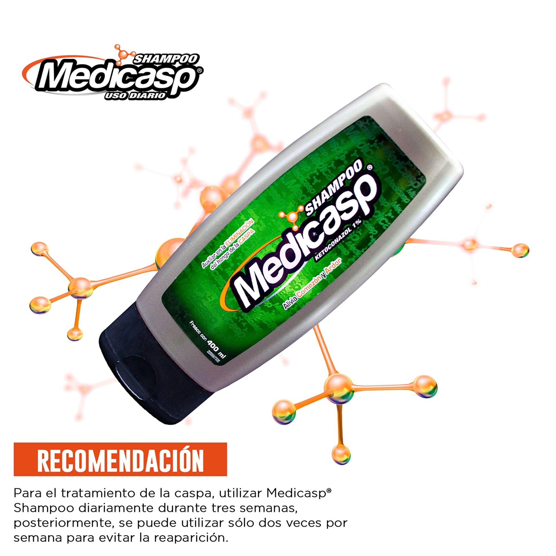 MEDICASP - Shampoo de uso diario, grado dermatológico. Su antimicótico elimina el hongo de la caspa y todos sus síntomas, botella de 400ml