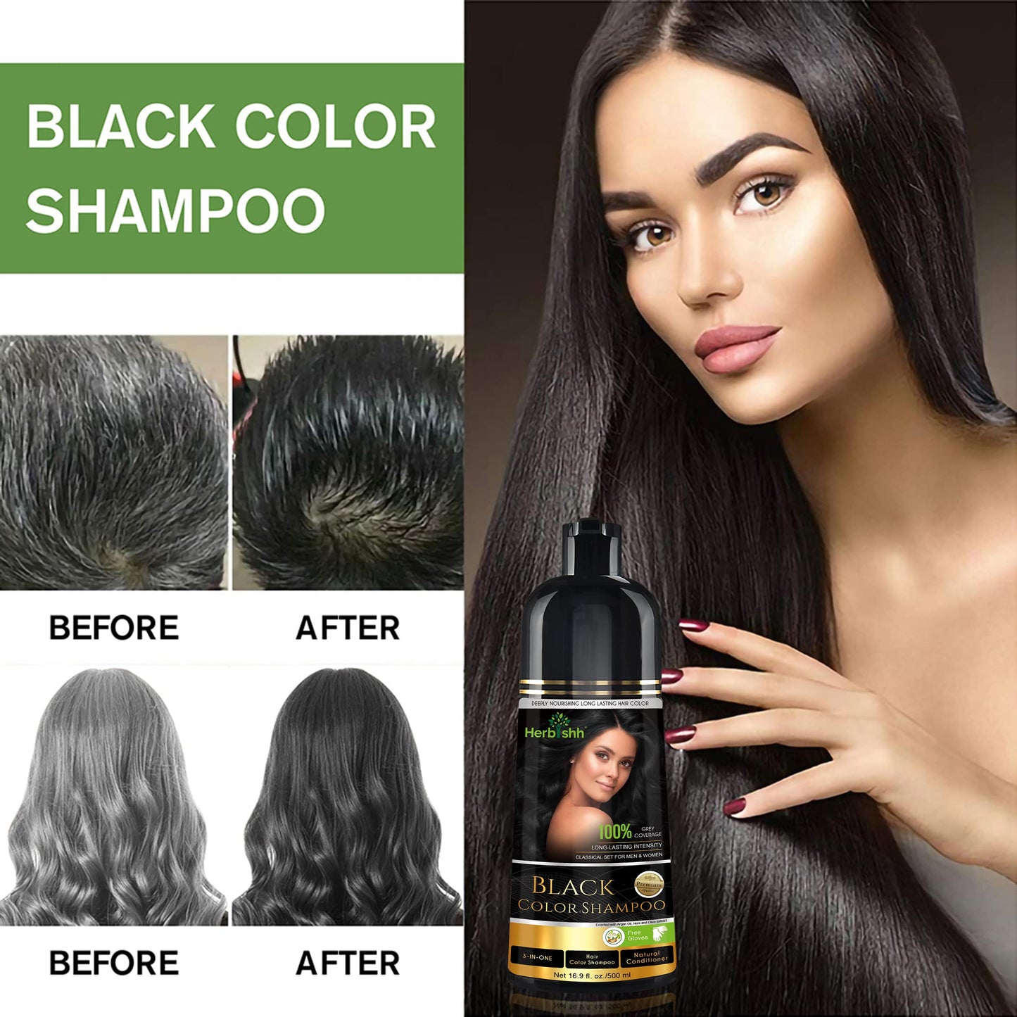 Herbishh - Champú colorante para cabello gris, champú con tinte natural para el cabello, colorea el cabello en minutos, dura hasta 3 o 4 semanas, 500 ml, tinte de cabello 3 en 1, sin amoniaco | (negro)