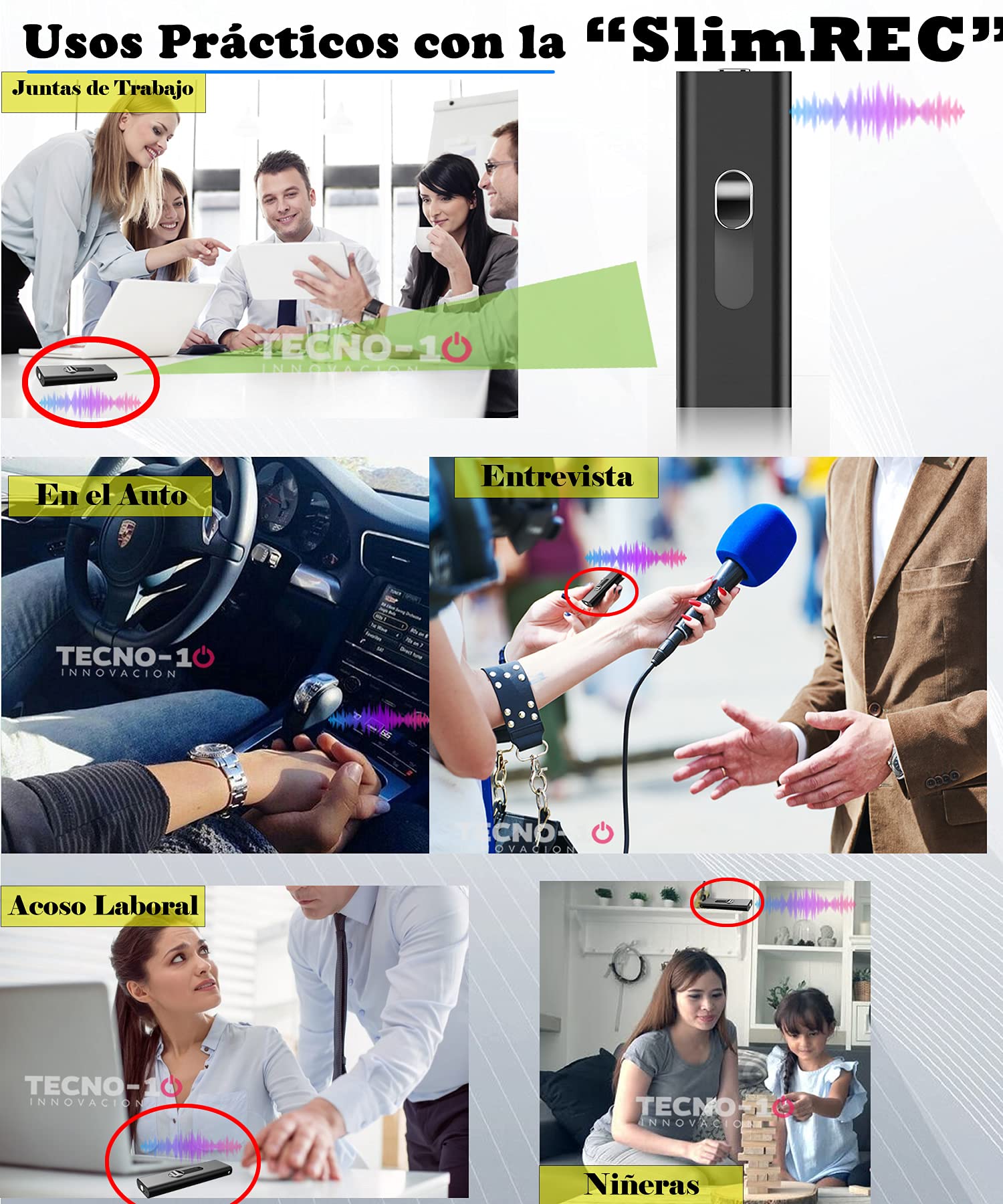 Tecno-10 Mini Grabadora de Voz activada por Sonido, Microfono Flash USB Delgada, 15 Horas de bateria, 94 Horas de Grabacion, 512 Kbps Calidad de Audio (4GB)
