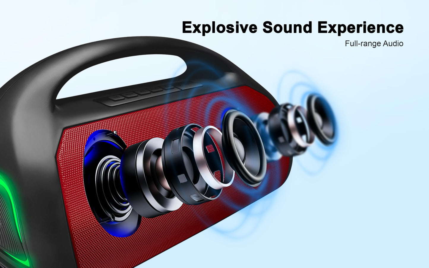 Fisher - Altavoces portátiles Bluetooth - Altavoz inalámbrico portátil con potencia máxima de 20 W, sonido HD, luces RGB, IPX4 resistente al agua, emparejamiento TWS, radio FM, BT 5.3, tiempo de