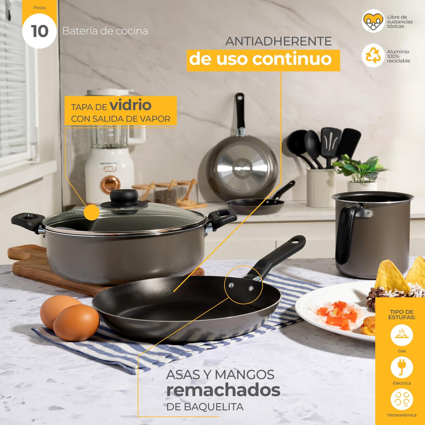 Batería de Cocina de 10 Piezas Select by Ekco Gris