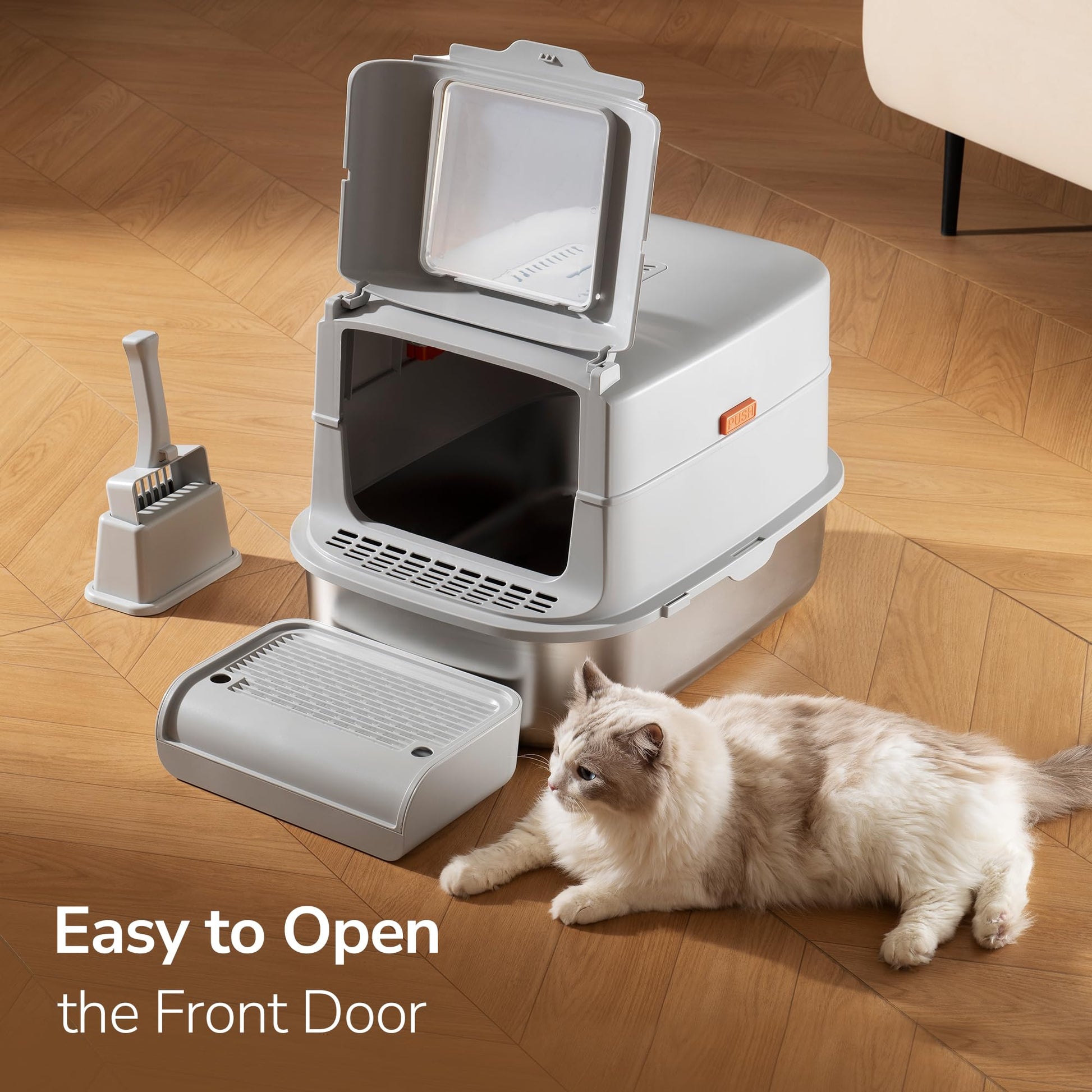 Aupures - Caja de arena de acero inoxidable con tapa – Caja de arena para gatos cubierta extraíble XL con solapa de puerta, caja de arena de metal extragrande con lados altos, cuchara de arena –