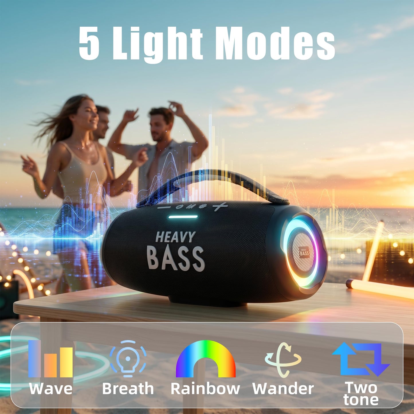 Heavy Bass - Altavoces Bluetooth inalámbricos, Altavoz portátil de 80 W máximo Alto con Graves, Tiempo de reproducción de 20 Horas, IPX6 Impermeable, Doble emparejamiento, Regalo Ideal para Adultos