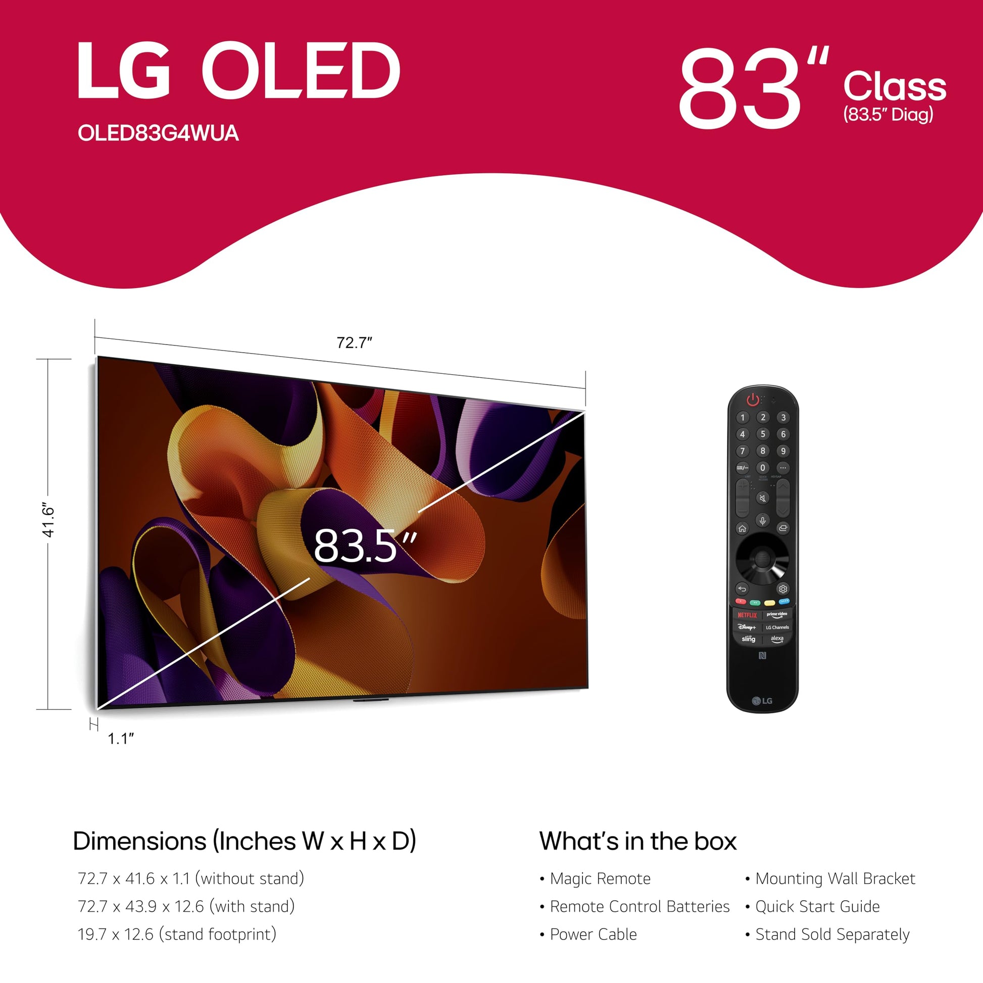 LG 83 Pulgadas Clase OLED EVO Serie G4 Smart TV 4K procesador visualización Plana con Control Remoto mágico Alimentado por IA con Alexa Incorporado (OLED83G4WUA, 2024)