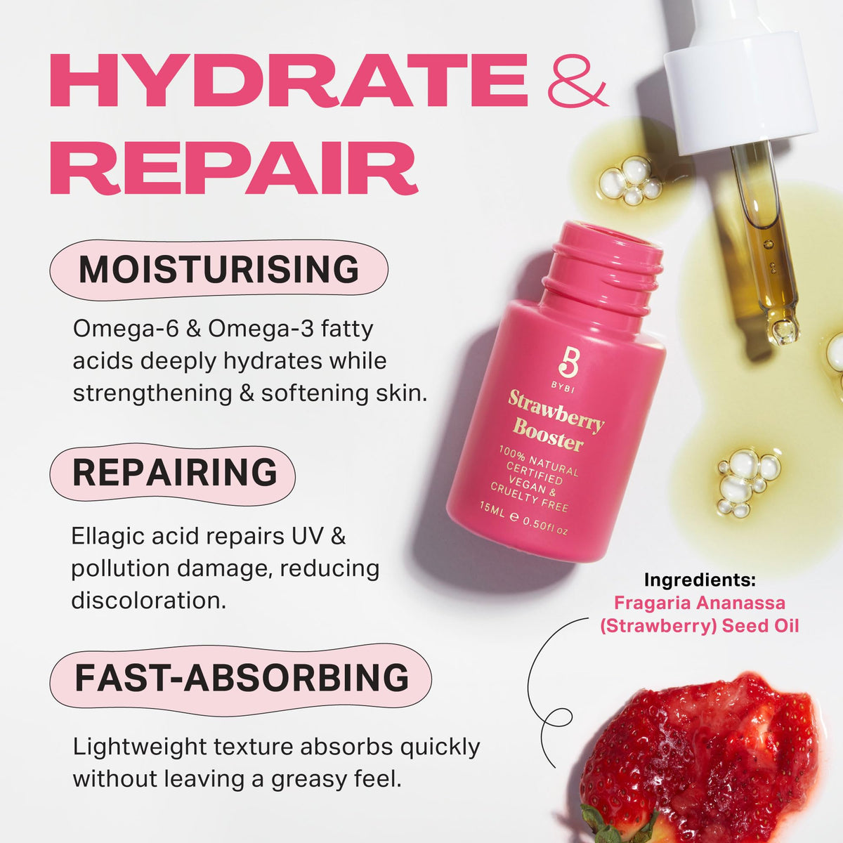 Suero facial potenciador de fresa Beauty Strawberry para pieles secas e irritadas Aceite facial hidratante vegano Repara e hidrata la piel dañada Aceite de semilla de fresa rico en antioxidantes 15 ml