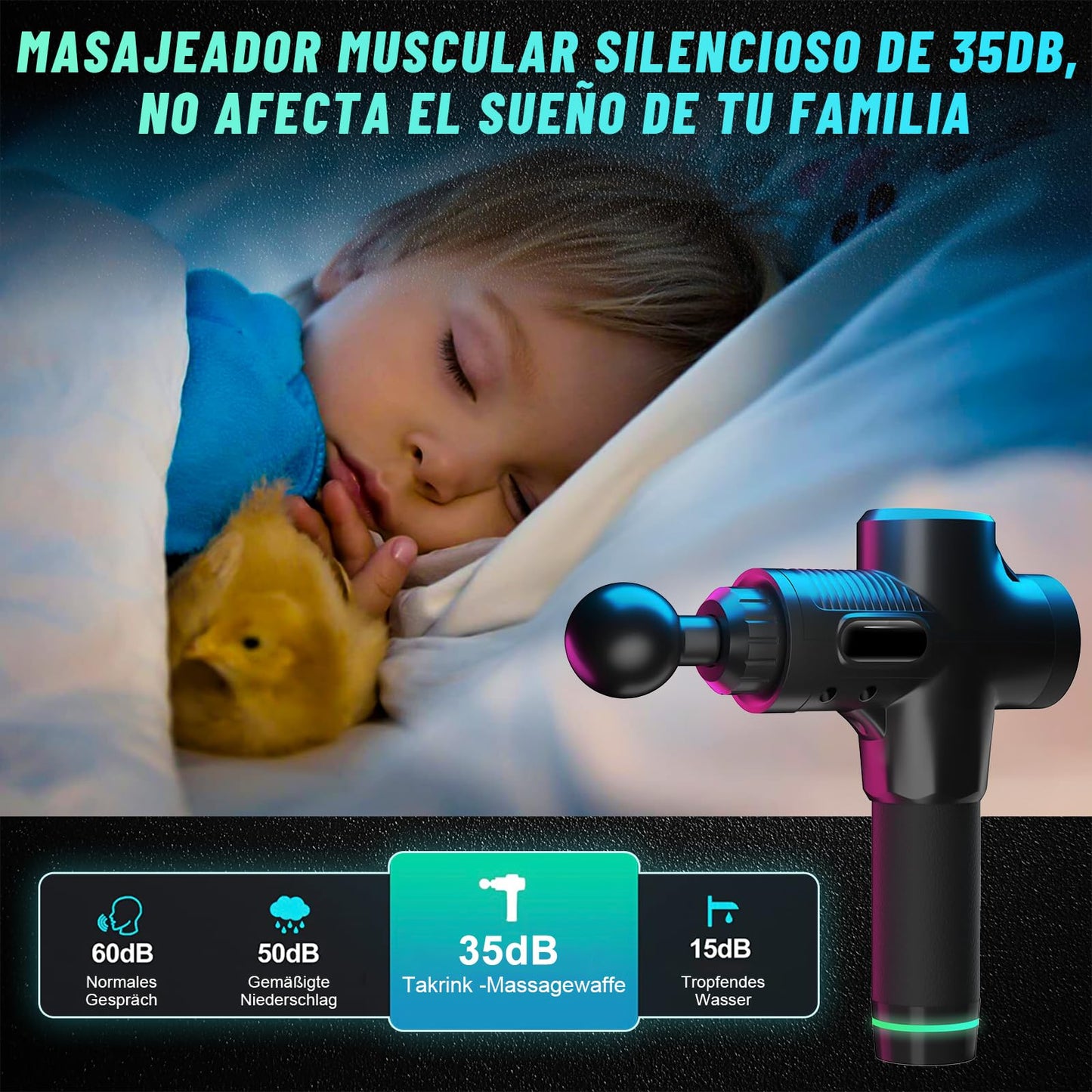 Pistola de Masaje Muscular,4500mAh Pistola Masajeadora,14 Cabezales y 30 Velocidades Ajustables,Masaje Eléctrico de Mano,Masajeador Muscular de Tejido Profundo,Masajeador de Espalda para Hombro,Cuello