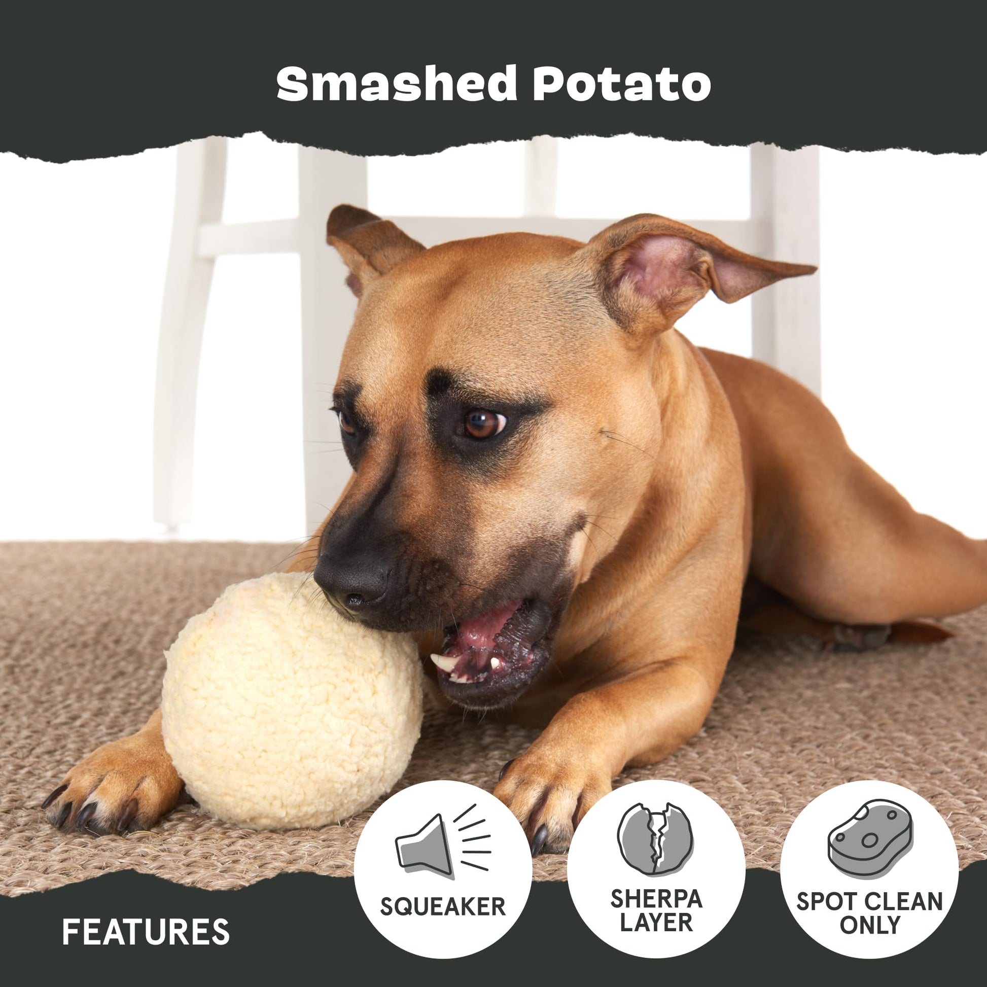 BarkBox Juguetes perfumados para perros y masticables, goma resistente y nailon supermasticable, juguetes de rompecabezas dispensadores de golosinas, bolas y juguetes de dentición para perros y cachorros pequeños, medianos y grandes, papa aplastada