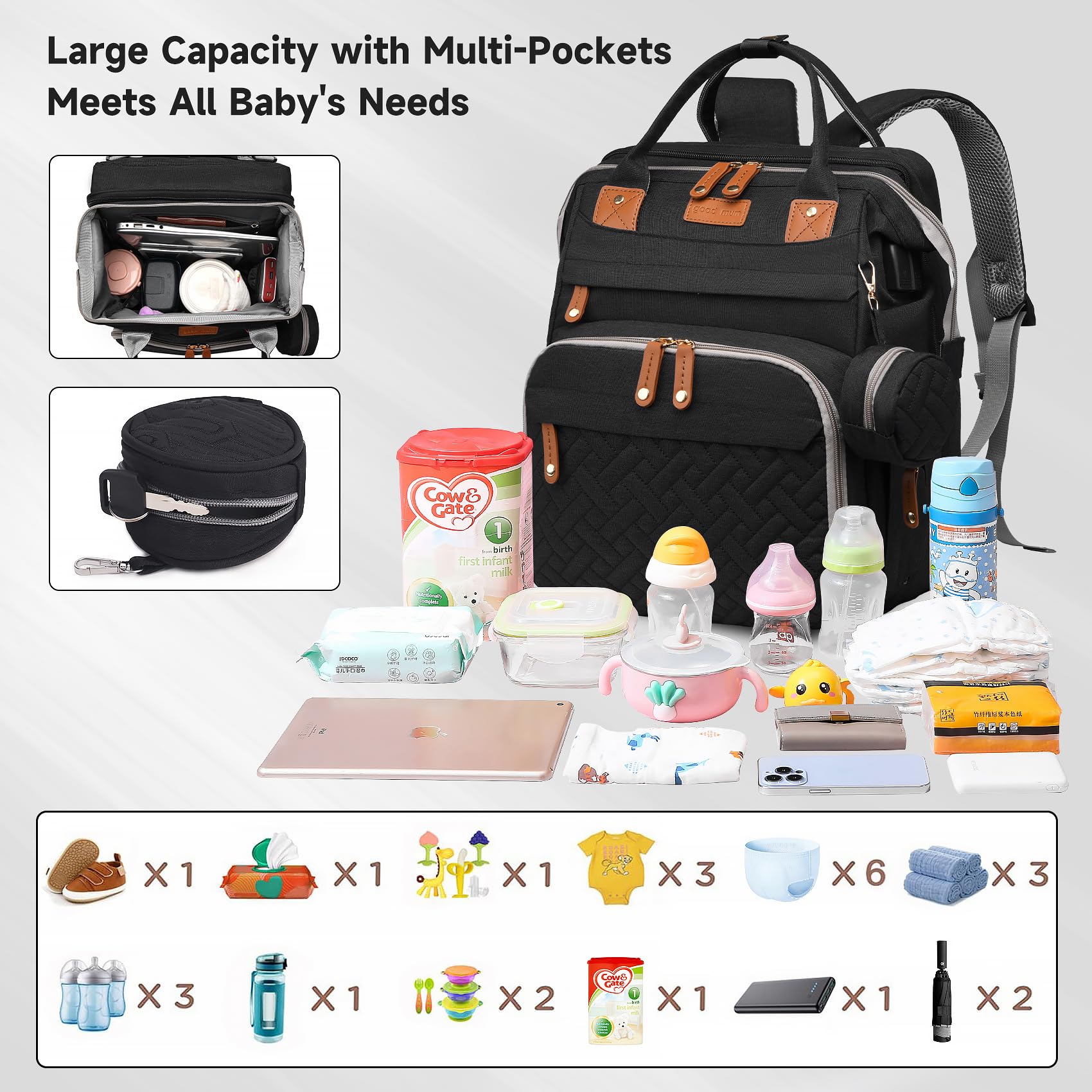 AHNTTGS - Bolsa para pañales con cambiador, Upgrade-black-2, Grande