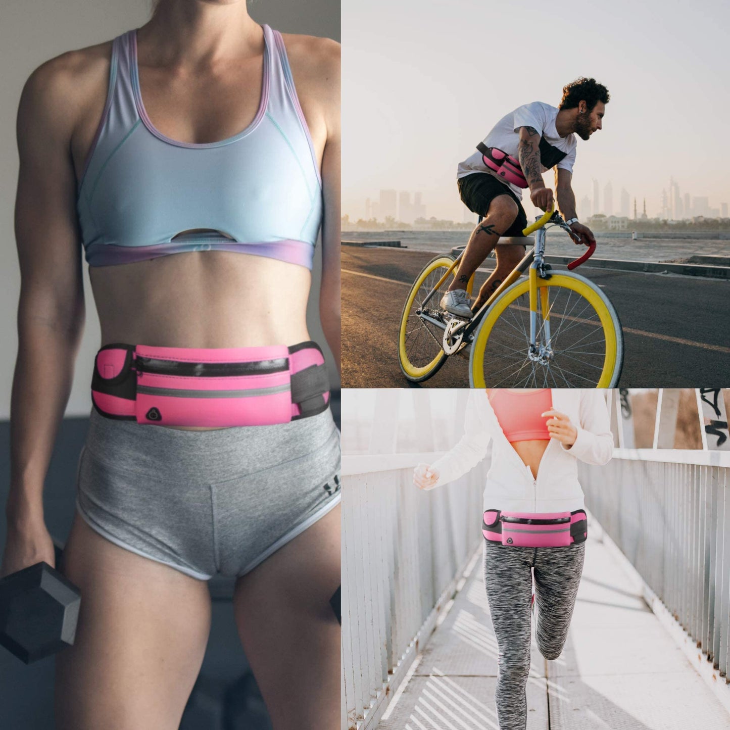 Riñonera Deportiva Running Elástica Impermeable Rosa Gris Reflectante para Hombre y Mujer