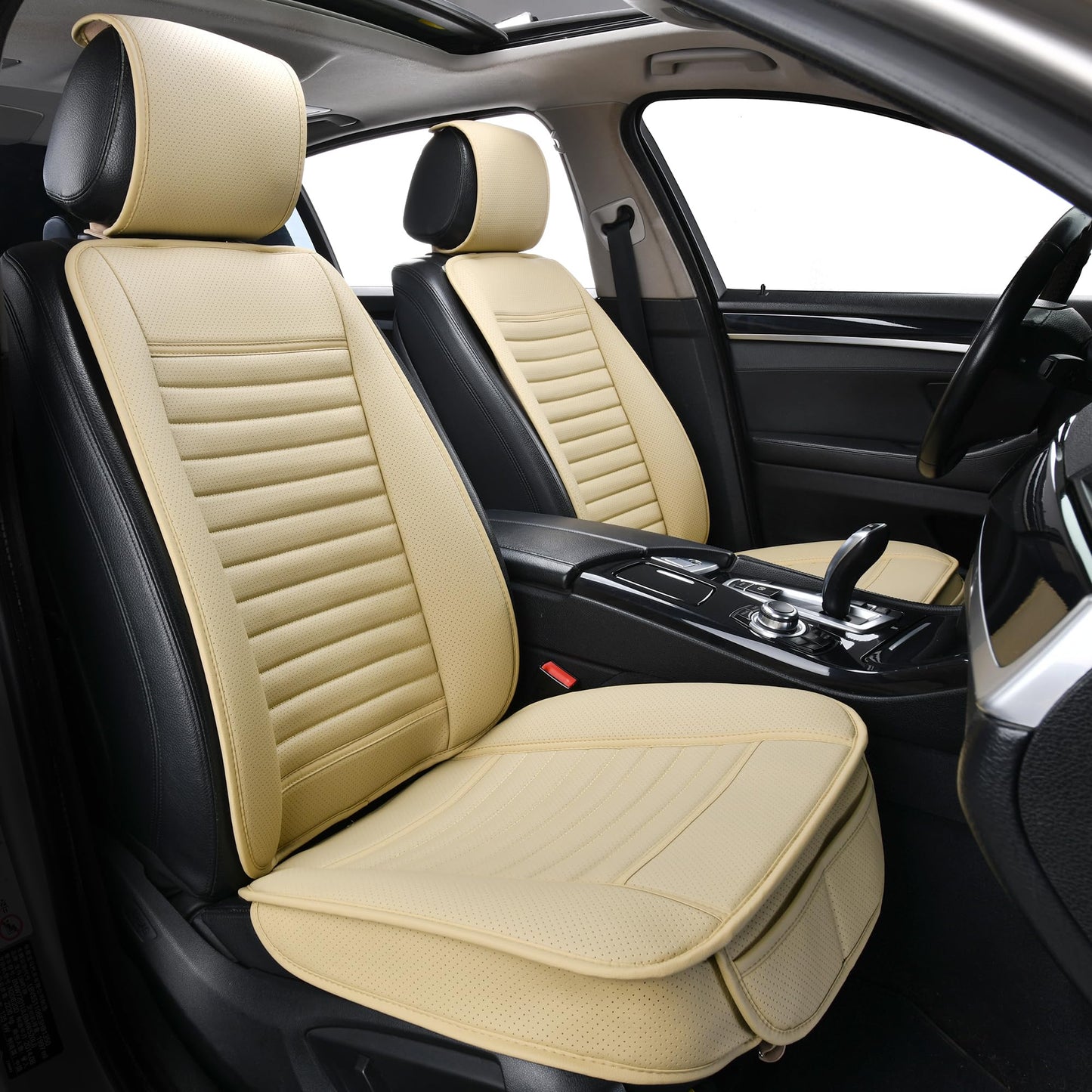 Sunny Color 2 Fundas de Asiento de Coche, Protectores de Lujo Universales Antideslizantes para Asiento del Conductor, Fundas Delanteras de Piel Sintética (Beige)