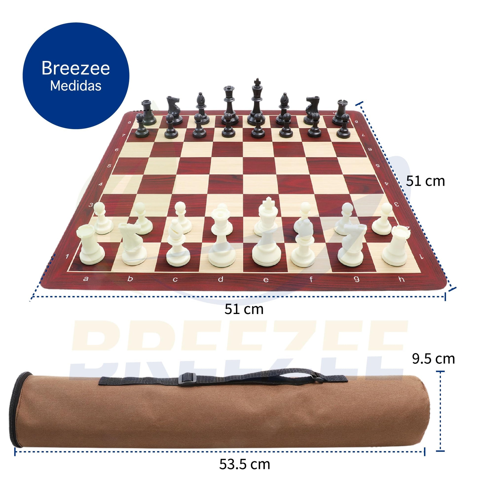 BREEZEE Juego de Ajedrez Profesional, Portátil Enrollable, 51x51 cm Tipo Mousepad Espesor 2 mm, 2 Reinas Extra y Bolsa de Viaje, Ajedrez Profesional con Piezas Pesadas para Torneo, Juegos de Mesa