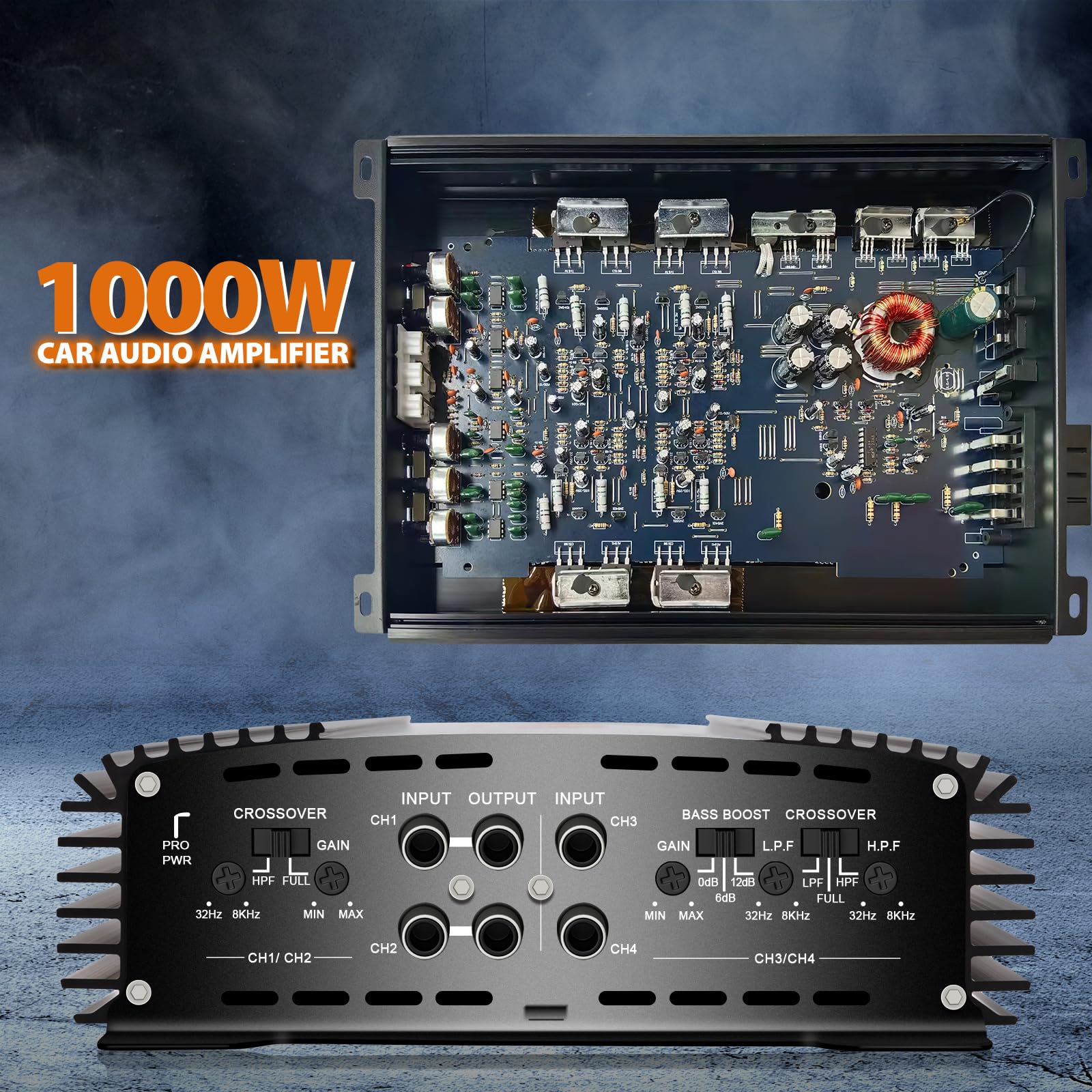 AUDISHAKO 1000W Amplificador de Audio de 4 Canales,Amplificador para Auto de Clase A/B, 2 Ohm 130W x 4 Canales para Motocicletas, Coches Deportivos y Otros Sistemas de Audio para Coche