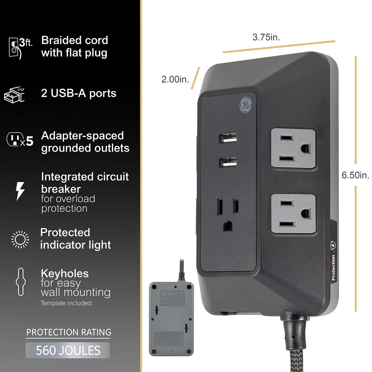 GE UltraPro Adapt Protector de sobretensiones de 5 Salidas con Puertos USB, 2 Puertos USB-A, 2.4A, Cable Trenzado de 3 pies, Protector de sobretensiones de 1780 Julios, Negro, 73777