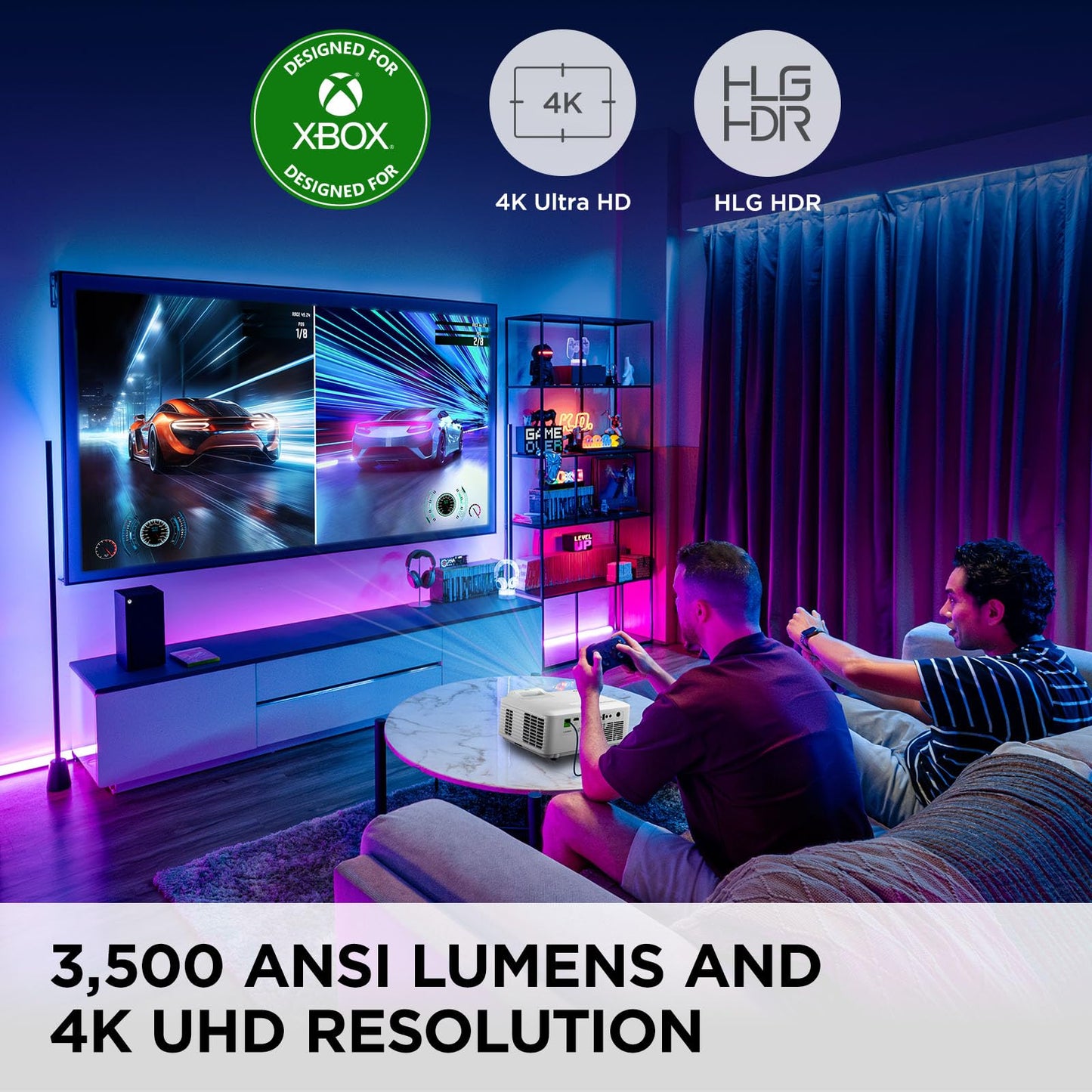 ViewSonic LX700-4K UHD 3500 lúmenes Proyector láser diseñado para Xbox con Tiempo de Respuesta de 4.2 ms, frecuencia de actualización de 240 Hz, Zoom óptico de 1.36x, HDMI Dual y Soporte HDR/HLD