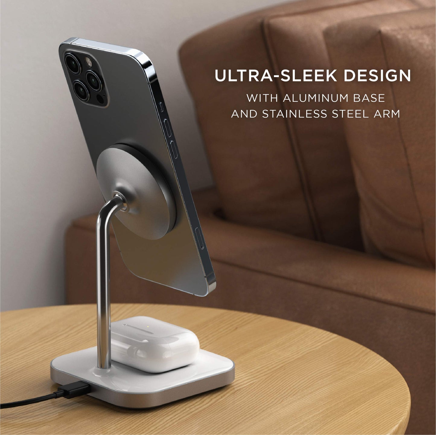 SATECHI Soporte de Carga Magnética Inalámbrica 2-en-1 de Aluminio - Compatible con iPhone 15 Pro Max/15 Pro/15/15 Plus, iPhone 14 Pro/14/14 Plus, AirPods Pro