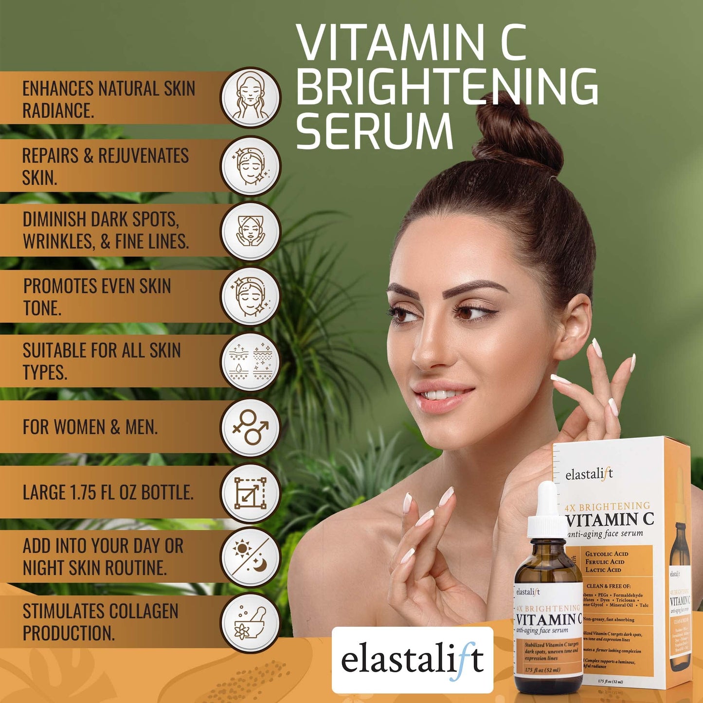 Bonus size 1.75 fl oz Elastalift Vitamin C Serum for Age Spots, Wrinkles, Expression Lines. Anti-Aging Serum w/Vitamin C & Hyaluronic Acid brightens skin & helps promote a healthier skin complexion