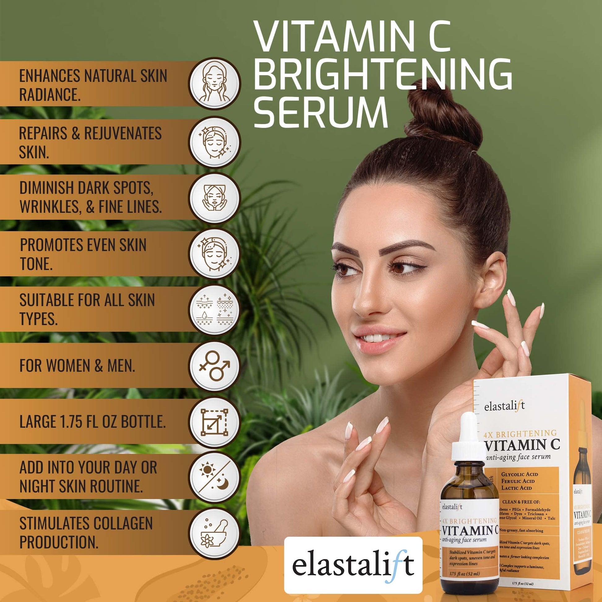 Bonus size 1.75 fl oz Elastalift Vitamin C Serum for Age Spots, Wrinkles, Expression Lines. Anti-Aging Serum w/Vitamin C & Hyaluronic Acid brightens skin & helps promote a healthier skin complexion