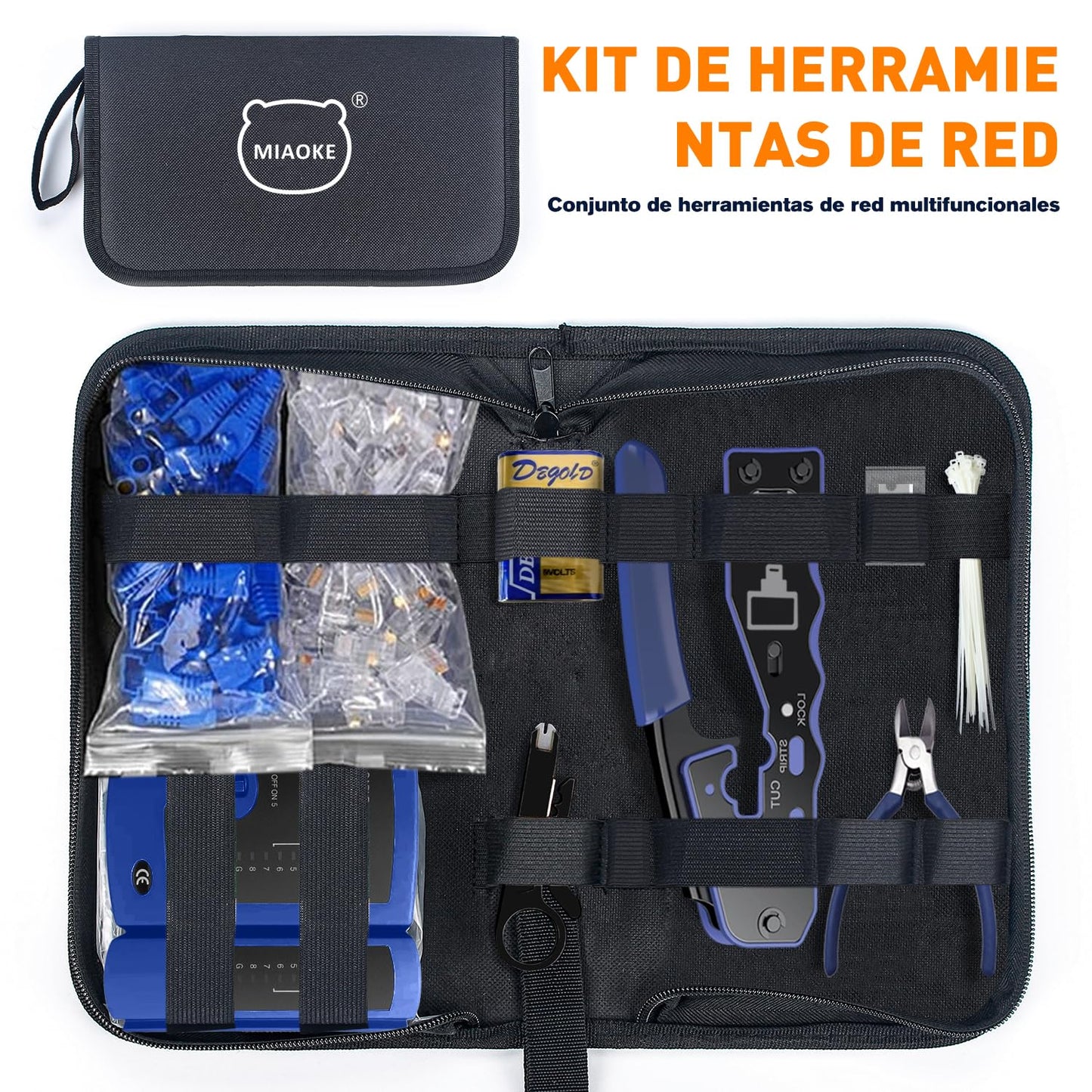 MIAOKE Kit De Crimpadora 11 En 1, Crimpado de Paso RJ45, 50 conectores de paso CAT6, 50 cubiertas protectoras RJ45 Cat6, Herramientas Profesionales De ReparacióN De Redes Con Pelacables, Comprobador