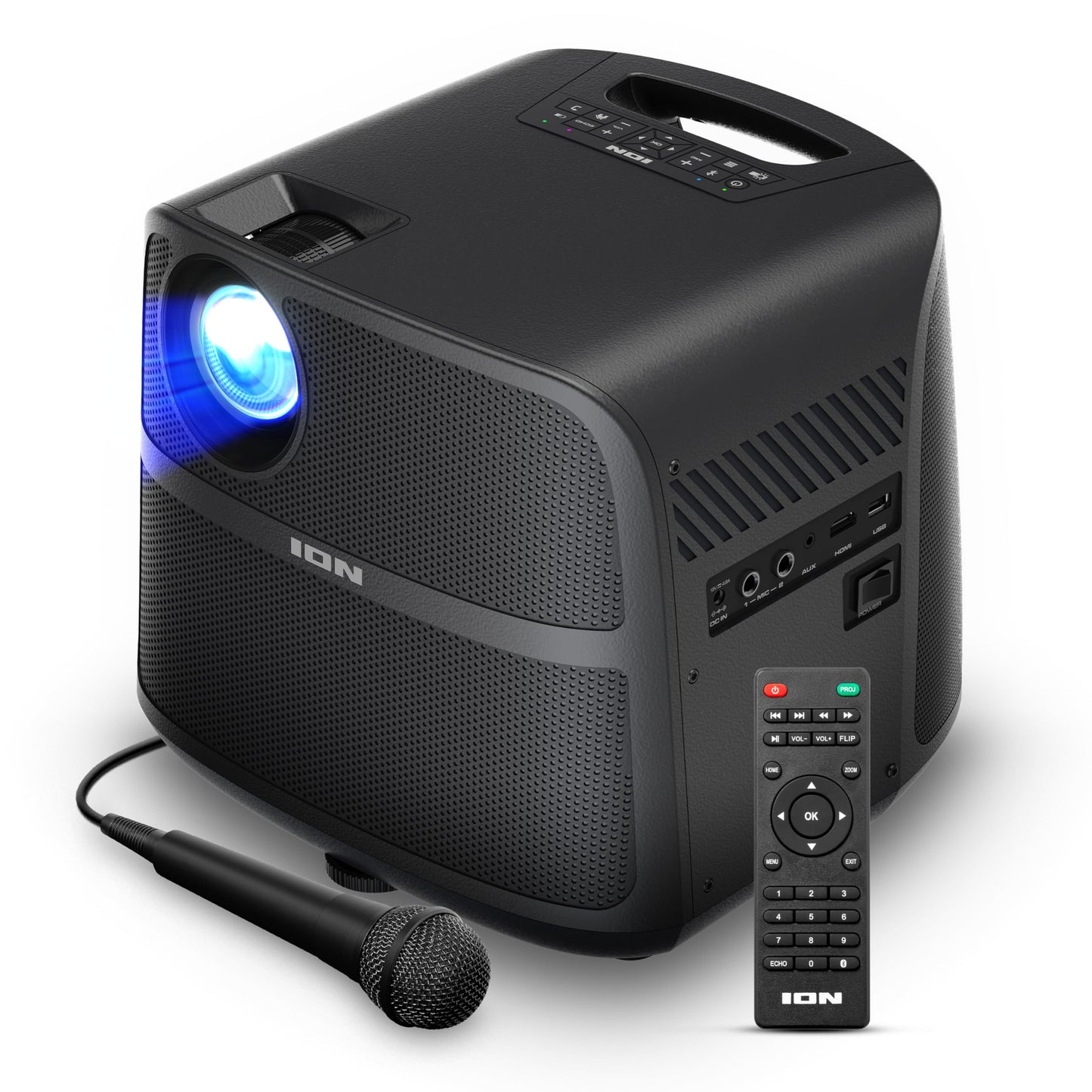 Ion Proyector LED portátil para Exteriores con Altavoces de 70 W, Bluetooth, batería Recargable, micrófono, Conexiones USB y HDMI, 720P HD