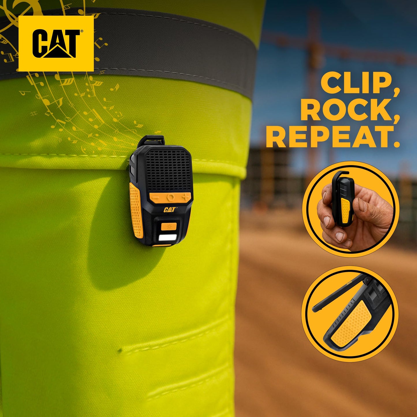 CAT - Altavoz Bluetooth portátil | Altavoz con clip con micrófono integrado para lugar de trabajo, construcción, exterior, resistente al agua, llamadas y música manos libres