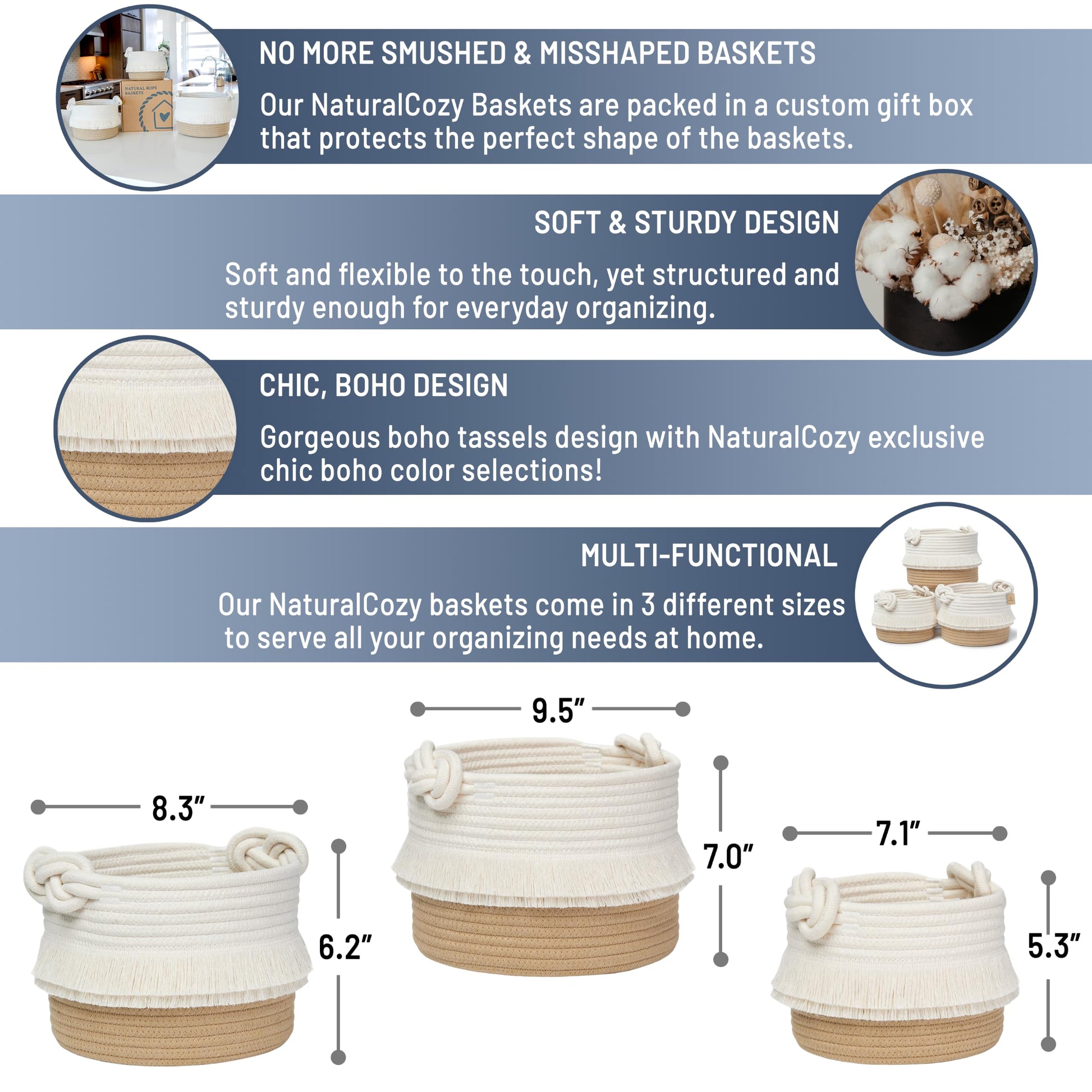 NaturalCozy - Juego de cestas decorativas de almacenamiento de 3 piezas, canastas tejidas de cuerda de algodón para organizar Cesta pequeña para guardería, cesta de regalo, Montessori, cubeta de