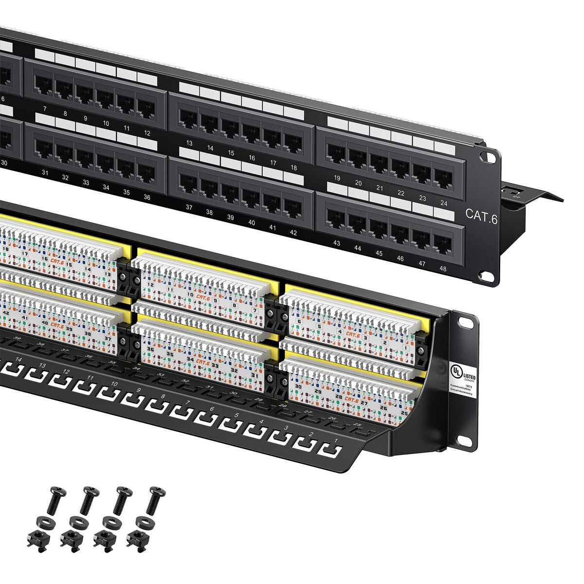 Panel de Conexión Cable Matters 48 Puertos Cat6 10Gbps con Barra de Soporte