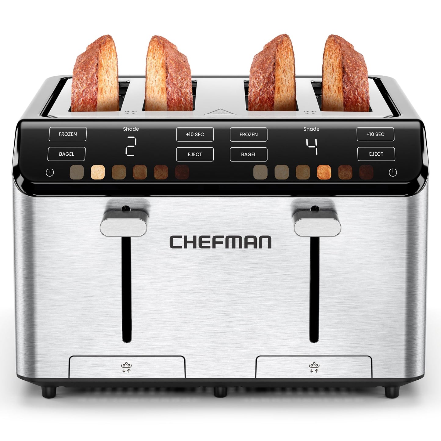 Chefman tostador digital Smart Touch de 4 rebanadas, 6 ajustes de sombra, tostador de bagel con visualización táctil, 4 rebanadas con ranuras extra anchas, + 10 segundos, descongelación, bandeja