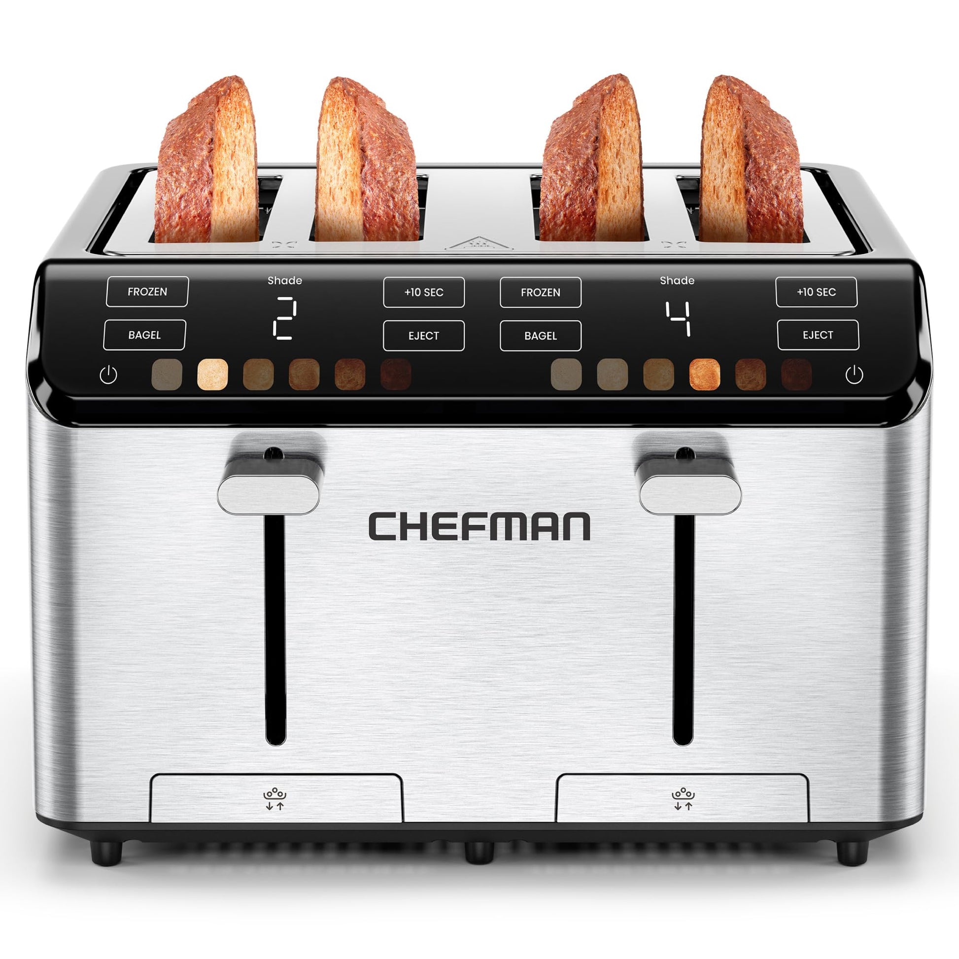 Chefman tostador digital Smart Touch de 4 rebanadas, 6 ajustes de sombra, tostador de bagel con visualización táctil, 4 rebanadas con ranuras extra anchas, + 10 segundos, descongelación, bandeja
