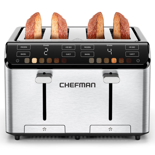 Chefman tostador digital Smart Touch de 4 rebanadas, 6 ajustes de sombra, tostador de bagel con visualización táctil, 4 rebanadas con ranuras extra anchas, + 10 segundos, descongelación, bandeja