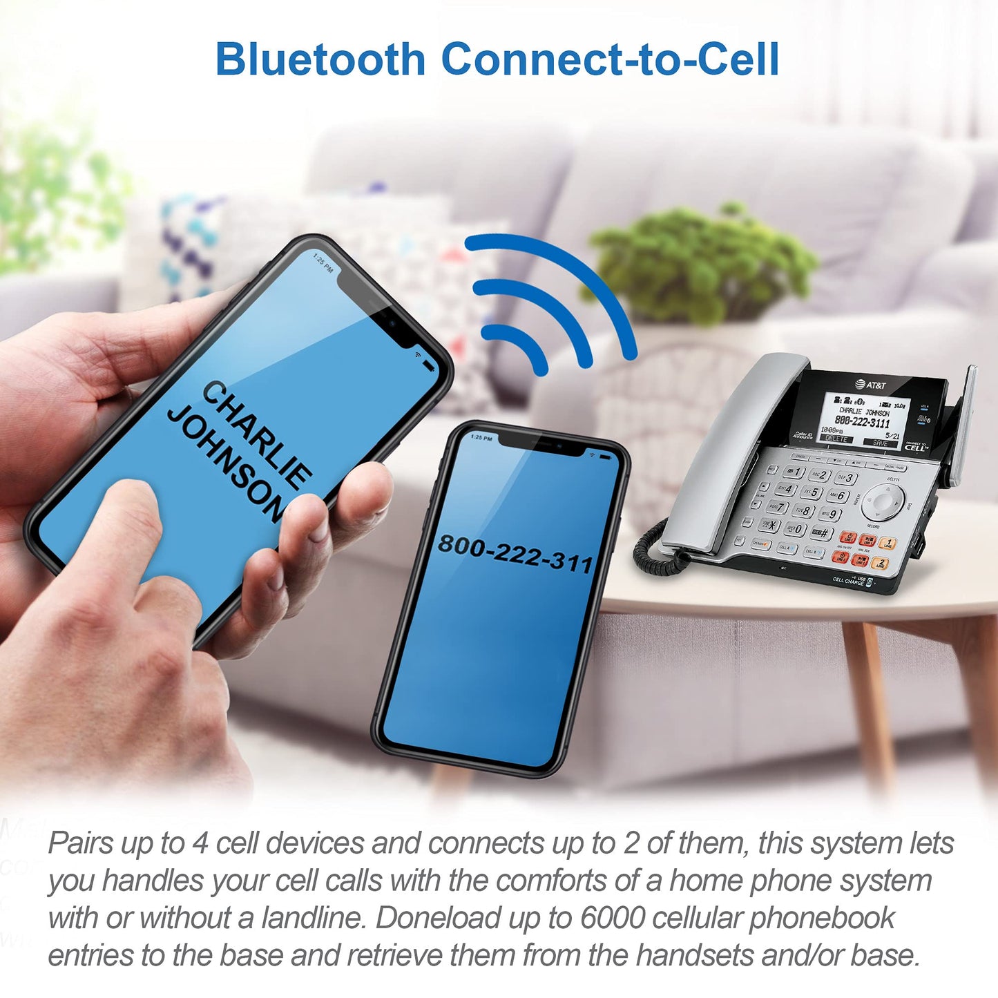 AT&T TL86103 DECT 6.0 Connect to Cell 2 Line Answering System with Caller ID/Call Waiting, 1 Corded & 1 Cordless Handset, Silver/Black