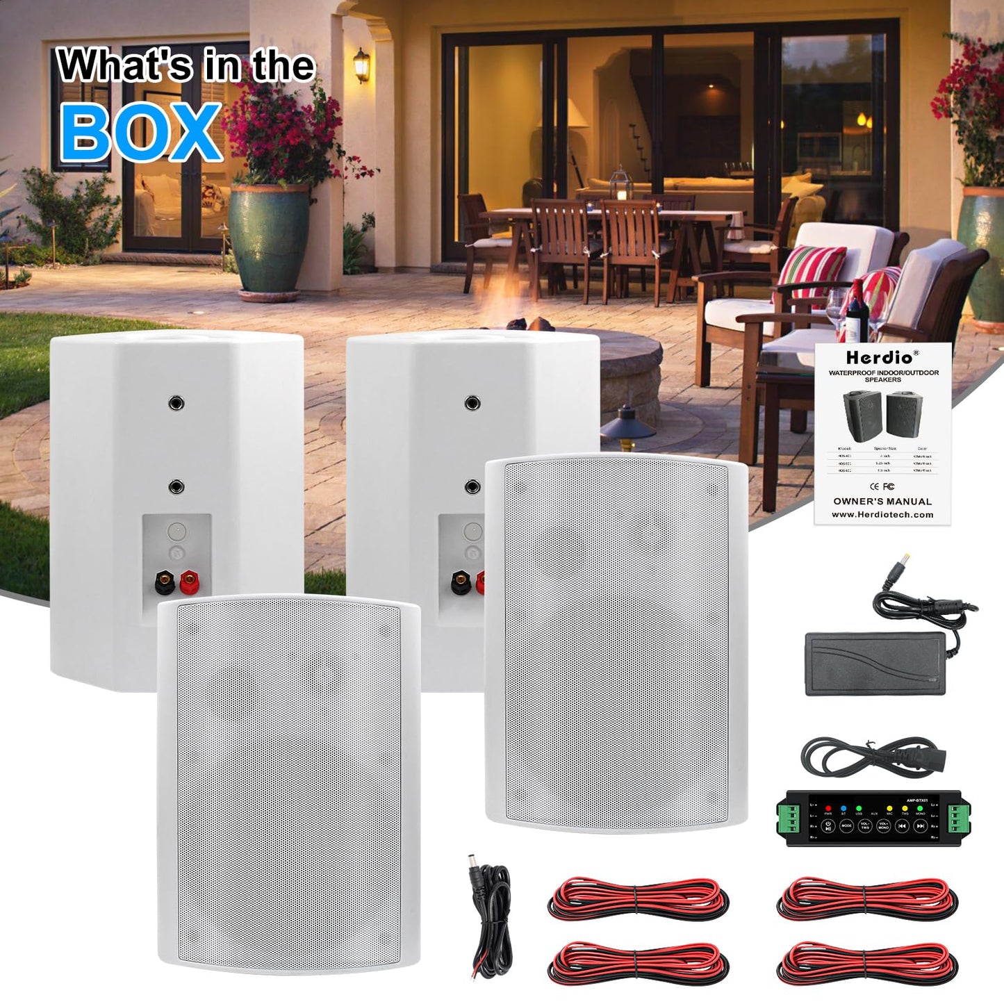 Herdio Bocina Exterior Bluetooth, 6,5 Pulgadas 800W 2 Vías Altavoces Impermeable para Exteriores, Amplificador Multifuncional, Amplia Cobertura de Sonido Estéreo, para Patio Jardín (2 Pares Blanco)