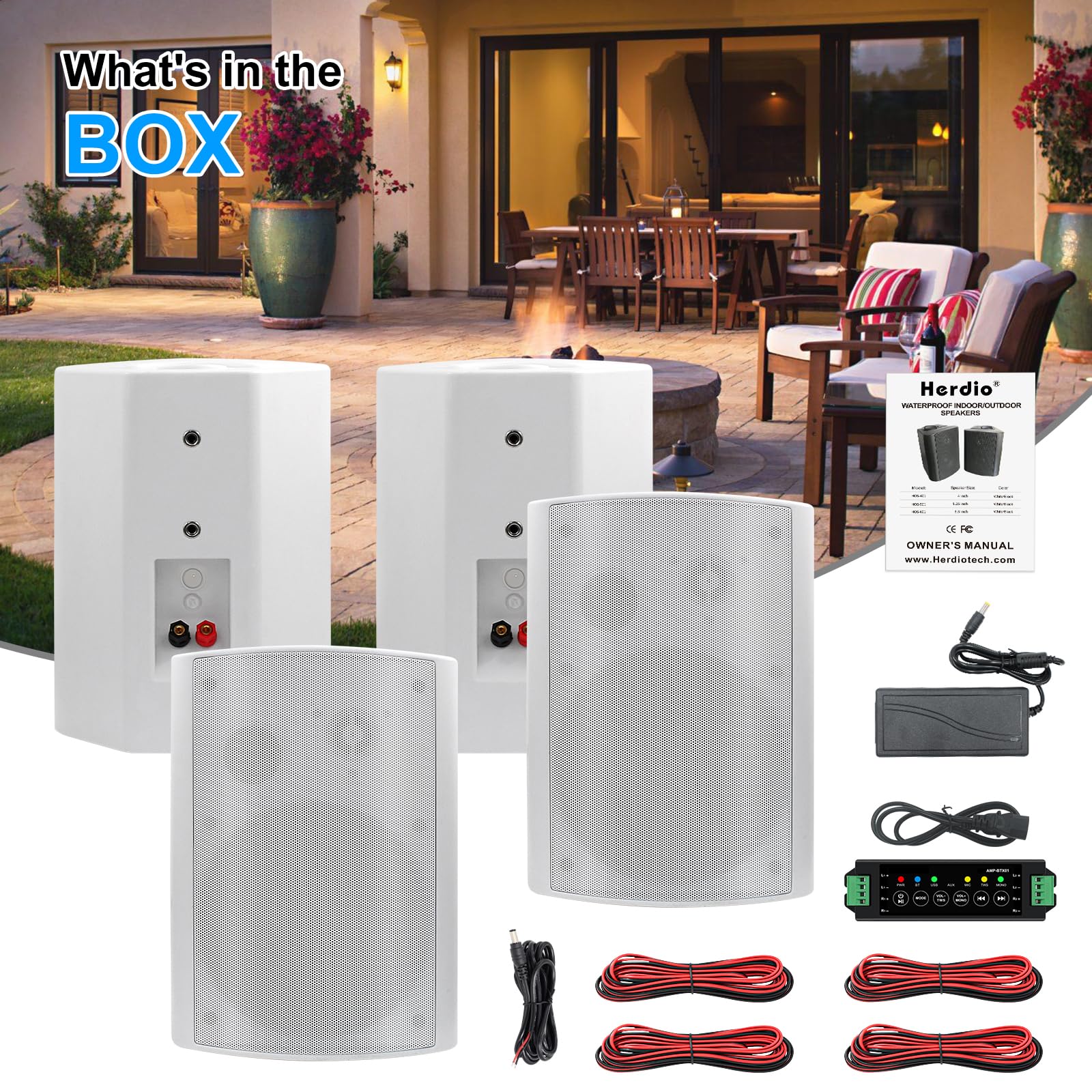 Herdio Bocina Exterior Bluetooth, 6,5 Pulgadas 800W 2 Vías Altavoces Impermeable para Exteriores, Amplificador Multifuncional, Amplia Cobertura de Sonido Estéreo, para Patio Jardín (2 Pares Blanco)