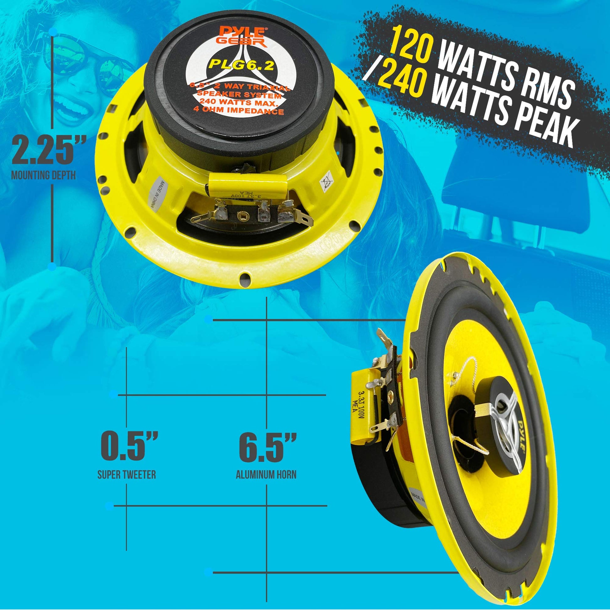 Pyle Sistema de Altavoces de Dos Vías para Auto, 6.5" 240W, 4 Ohm, Medio y Tweeter, Imán de 30 Oz, Profundidad de Montaje 2.25", Para Estéreo de Auto, Par, Amarillo