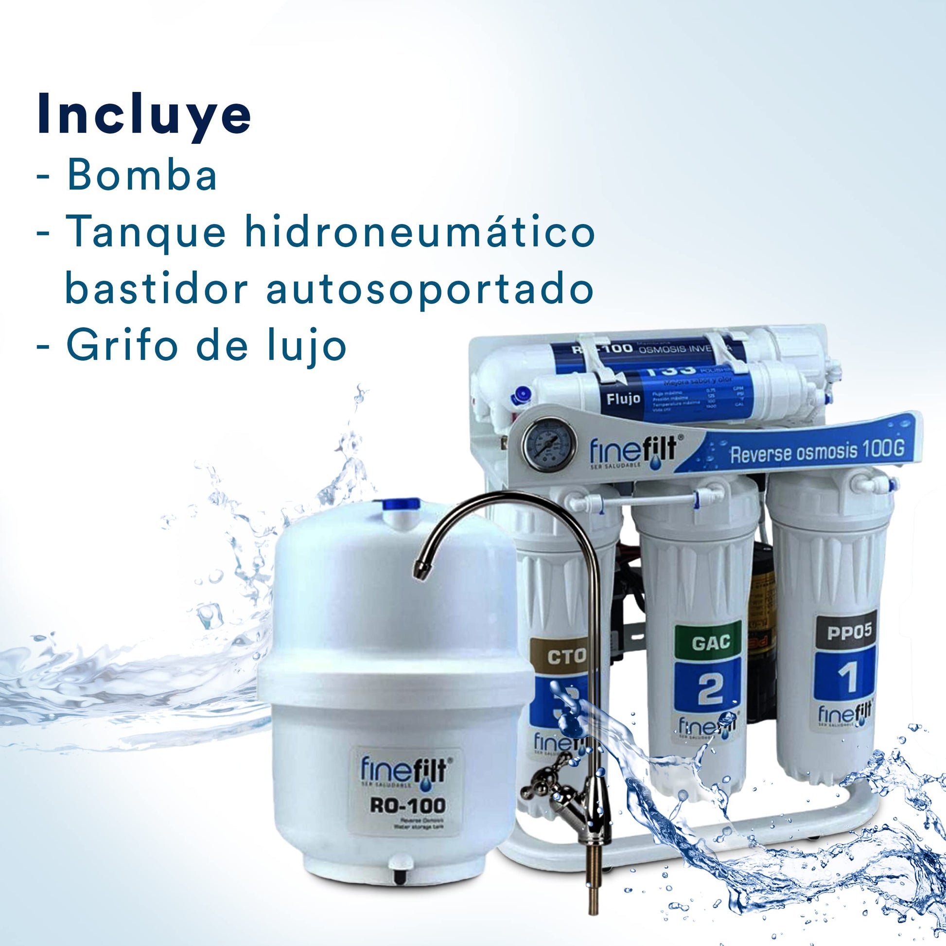 FINEFILT | Purificador de agua de Osmosis Inversa | Filtro Purificador de Agua para casa | hasta 100 galones por dia | Agua segura ya que Elimina Bacterias,Cloro, Metales Pesados y dureza