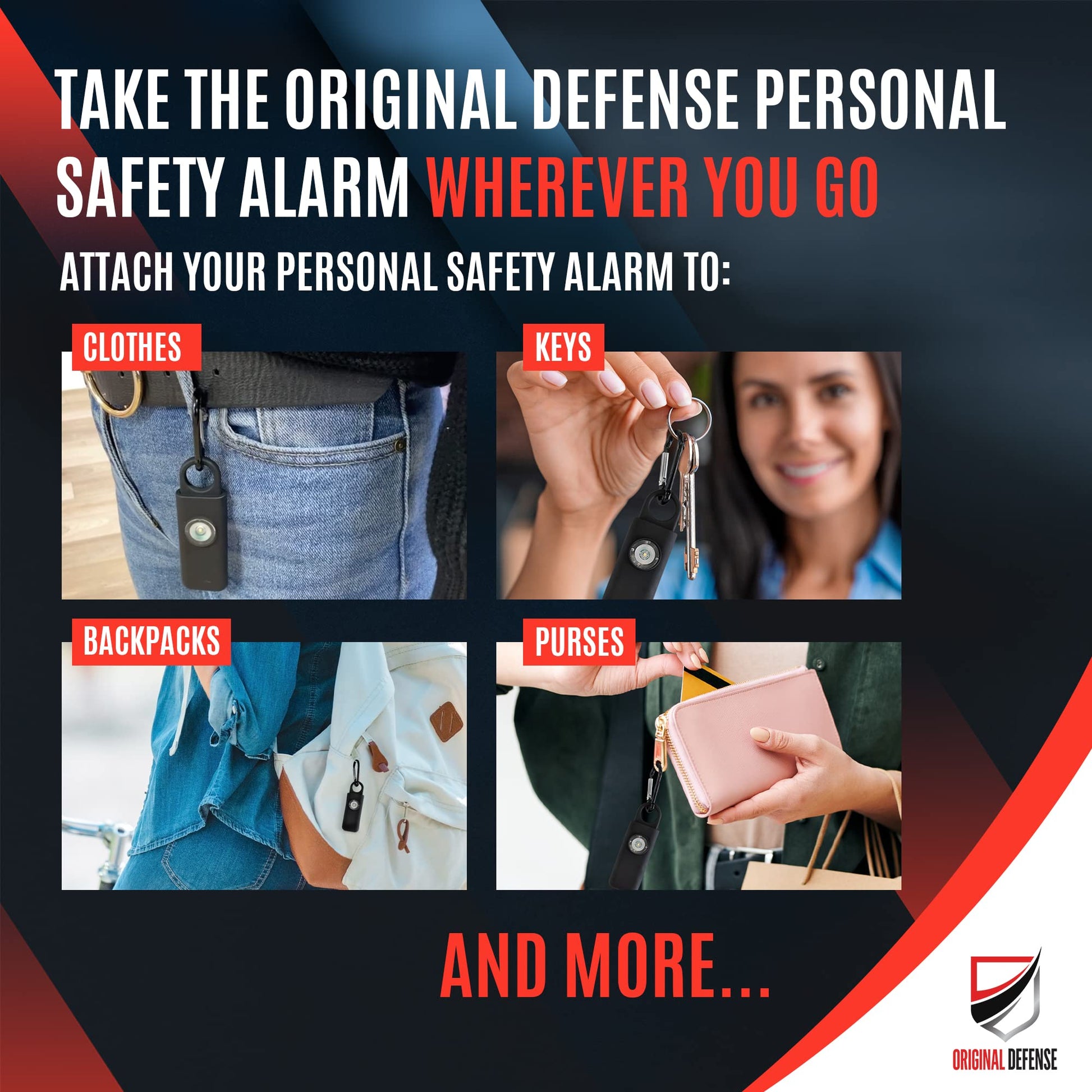 Alarma de Autodefensa Original Defense Negro con Sirena y Luz Estroboscópica para Mujer, Niños y Ancianos