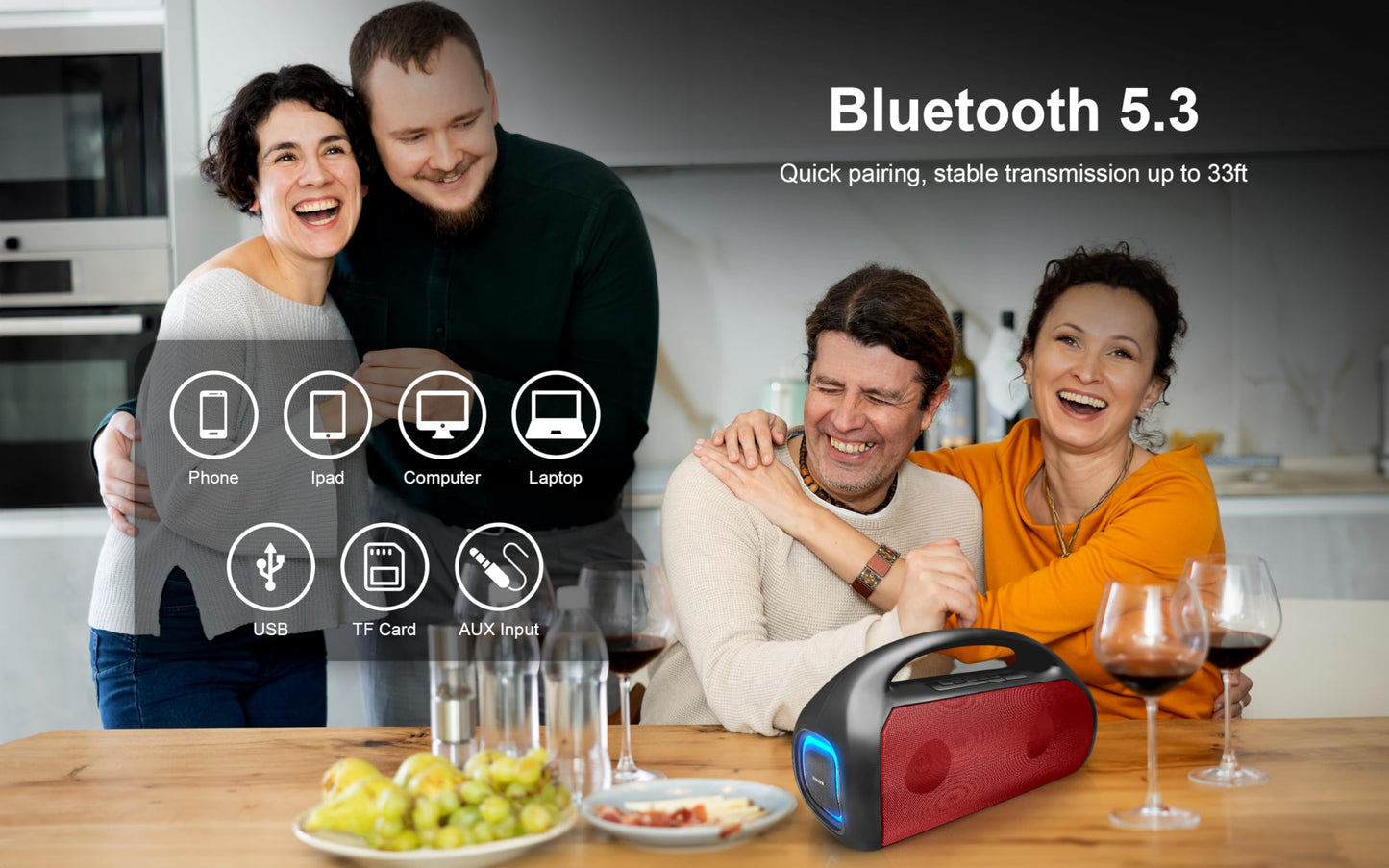 Fisher - Altavoces portátiles Bluetooth - Altavoz inalámbrico portátil con potencia máxima de 20 W, sonido HD, luces RGB, IPX4 resistente al agua, emparejamiento TWS, radio FM, BT 5.3, tiempo de