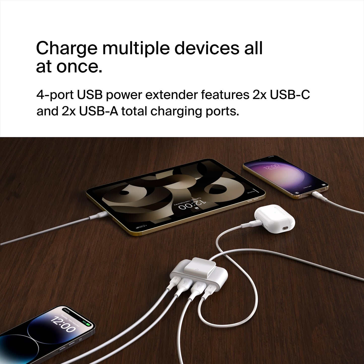Belkin BoostCharge Extensor de alimentación de 4 Puertos para Apple iPhone 16, iPad, Samsung Galaxy S25, Nintendo Switch 2, Compatible con Conexiones USB-C y USB-A, Color Blanco