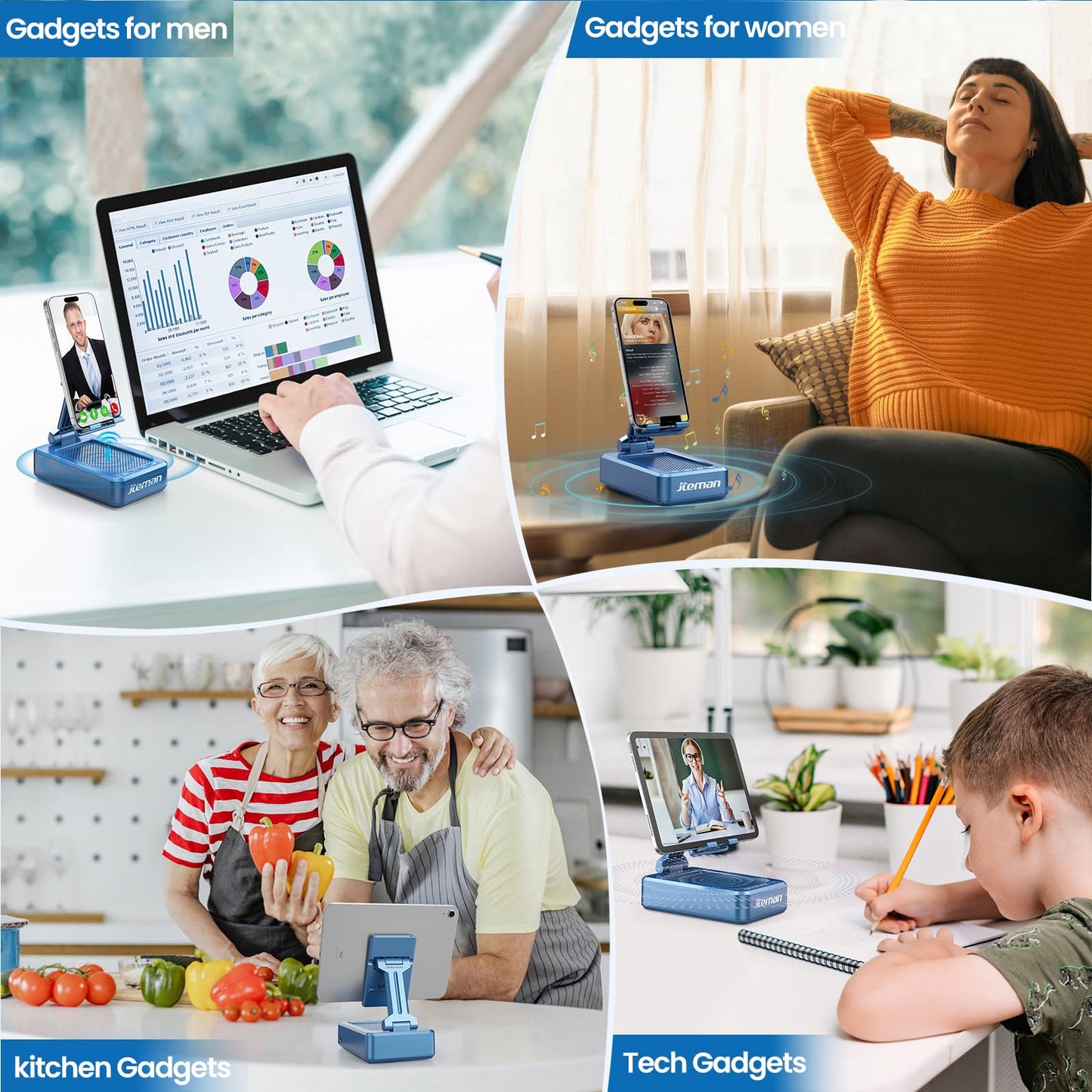 JTEMAN Soporte para teléfono con altavoz Bluetooth inalámbrico, altavoz Bluetooth de sonido envolvente HD para escritorio, perfecto para el hogar, accesorios de cocina, regalos, compatible con iPhone