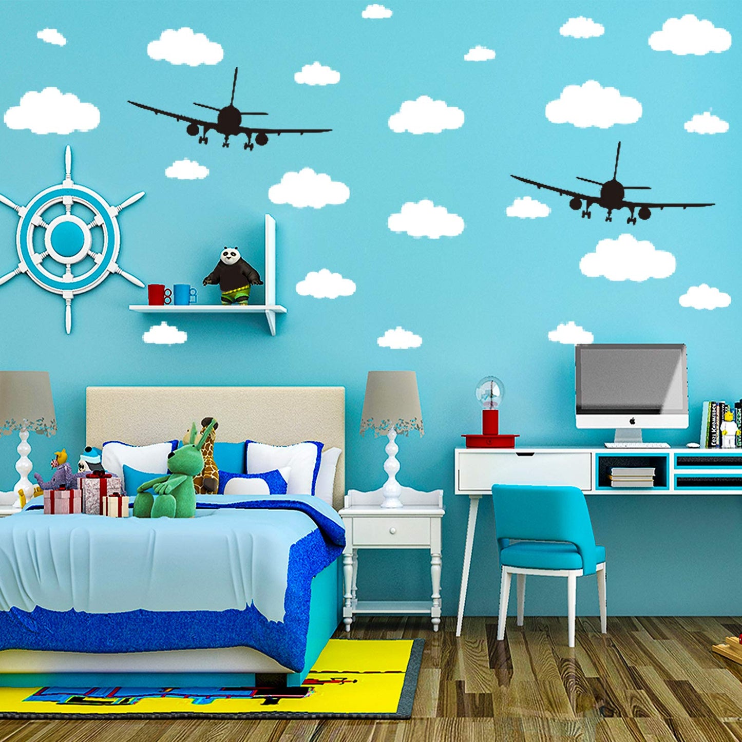 31 piezas de calcomanías de nubes para pared y 2 piezas de aviones negros decorativos para pared para habitación de bebé y niños, calcomanías de pared de nubes removibles de vinilo CUNYA para