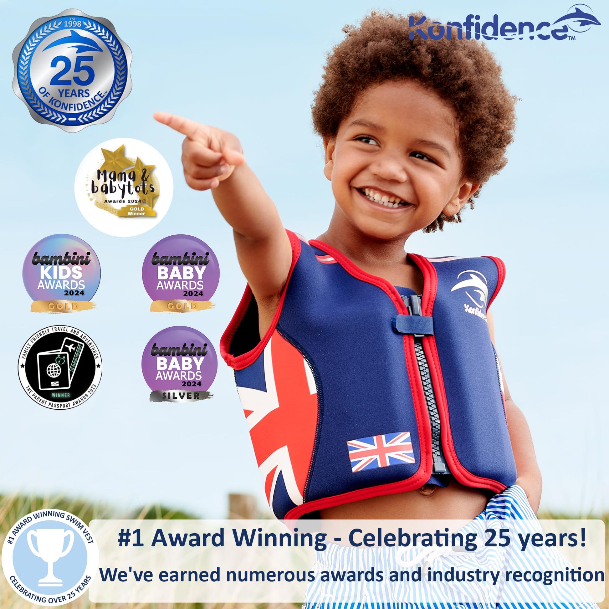 Konfidence - Chaleco de natación de alta calidad con correa de seguridad extraíble para niños, flotabilidad ajustable, compatible con UKCA y CE, aprobado para la escuela de natación (Maui Green, S (15