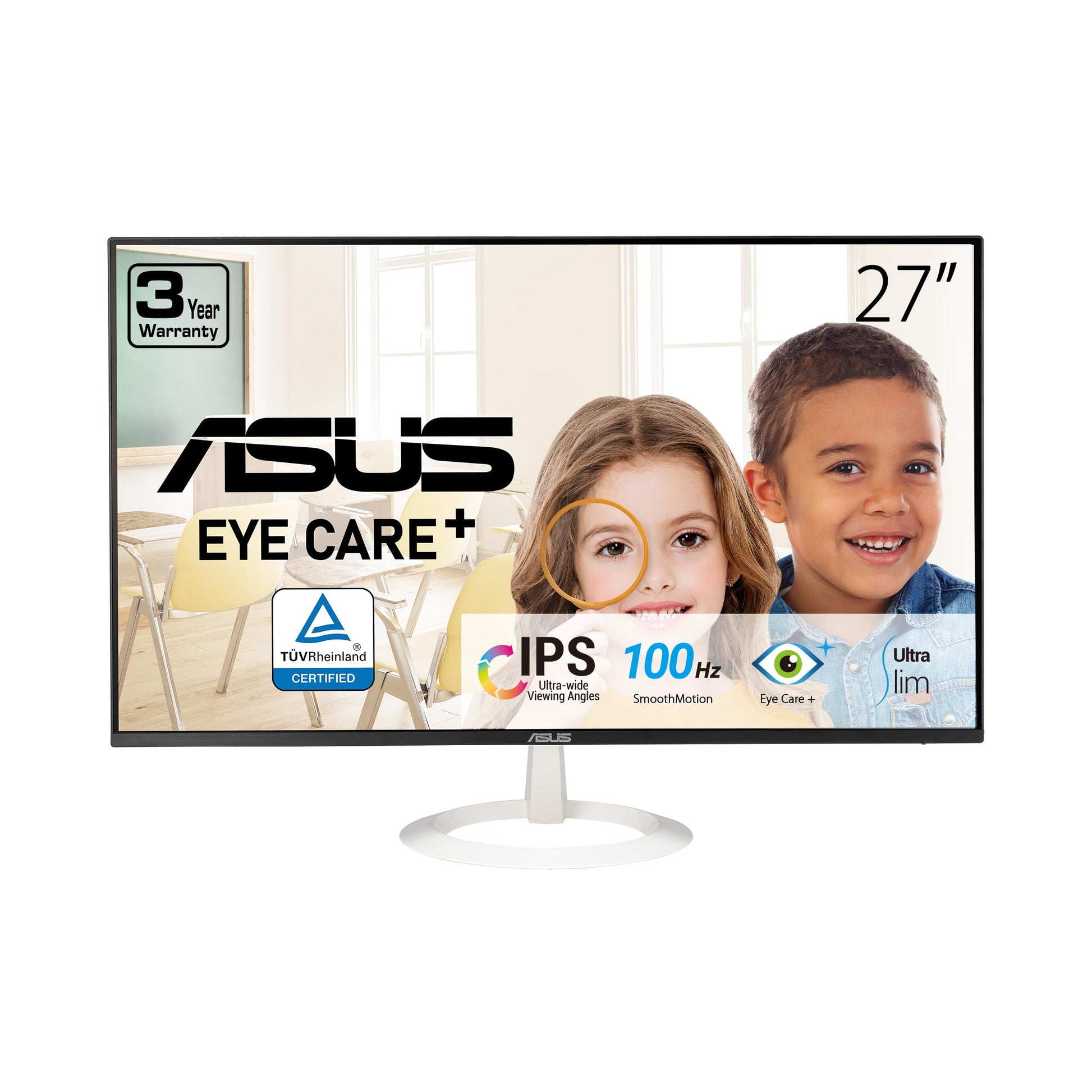 ASUS Monitor de Cuidado Ocular de 27 Pulgadas (27 Pulgadas Visible) (VZ27EHF-W) - Full HD (1920 x 1080), IPS, 100Hz, 1ms, sin Marco, sincronización adaptativa, HDMI, luz Azul Baja, sin Parpadeo
