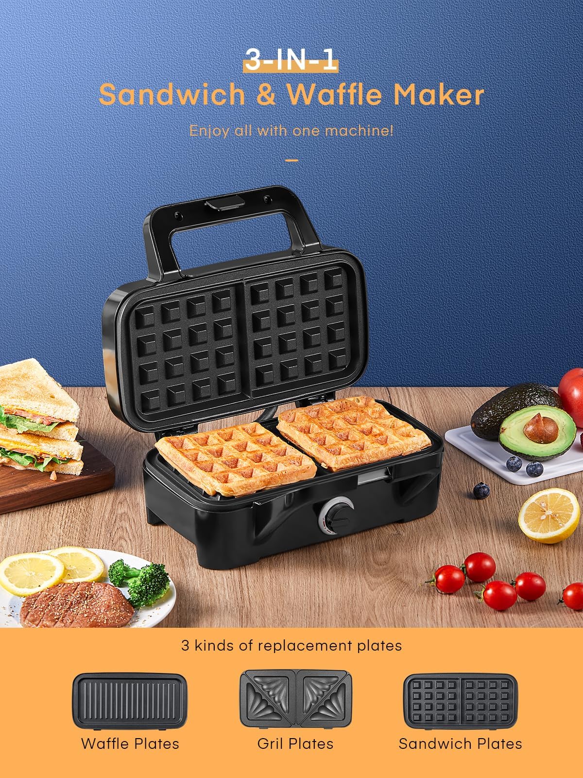 HOUSNAT Sandwichera, waflera 3 en 1 con platos extraíbles, prensa Panini de 1200 W con placas antiadherentes intercambiables, luces indicadoras, control de temperatura de 5 engranajes (negro)
