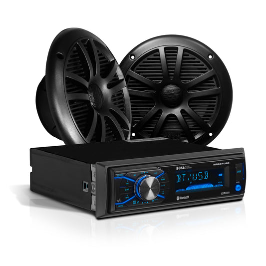 BOSS Audio Systems MCBK634B.6 Paquete de altavoz receptor de barco marino – Unidad principal estéreo de DIN único, radio, sin reproductor de CD, Bluetooth, dos altavoces de rango completo de 6.5 pulgadas, antena dipolo