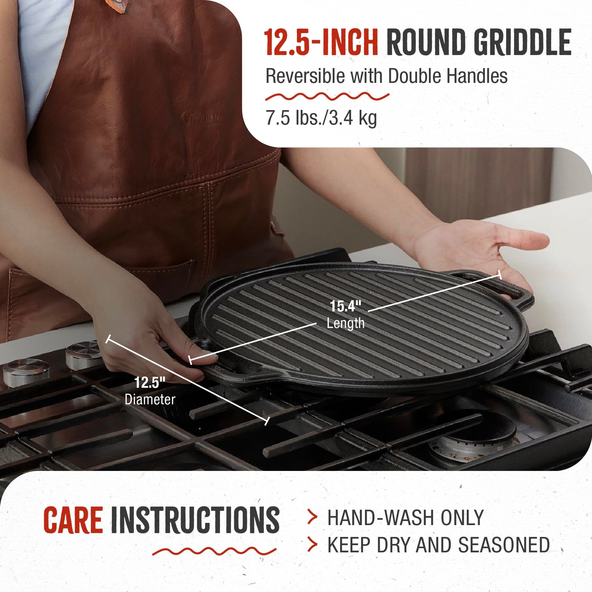 Victoria - Parrilla redonda de hierro fundido. Plancha de doble quemador, con asas de bobina extraíbles sazonadas con aceite de linaza 100% certificado KoBibir sin OMG, 12.5 pulgadas, negro