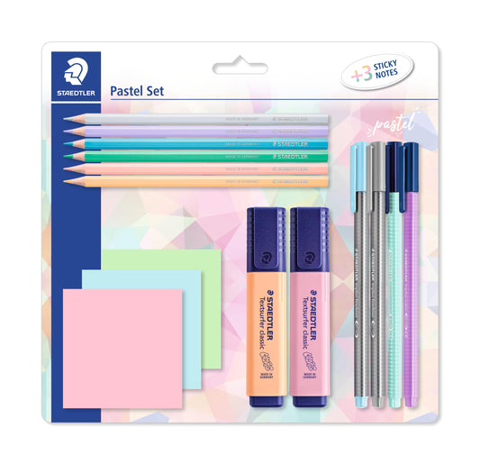 STAEDTLER - Juego de Papelería Mixta Pastel, Lápices para Colorear, Delineadores Finos, Puntas de Fibra Triplus, Resaltadores y Blocs de Notas Adhesivos, 61 SBK2 PA