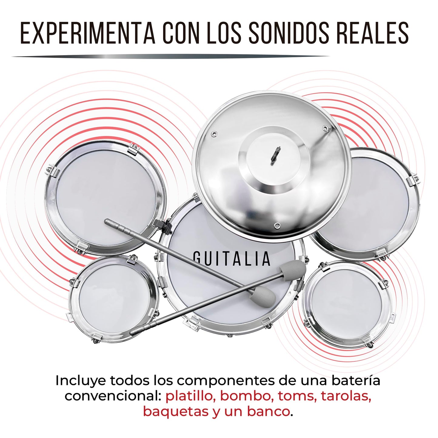 Guitalia Batería para Niños con Banco y Baquetas, Platillo, Bombo y Tarolas con Sonidos Realistas, Fácil de Armar, Ligera, Resistente, Ideal para Desarrollar la Creatividad y Habilidades Musicales