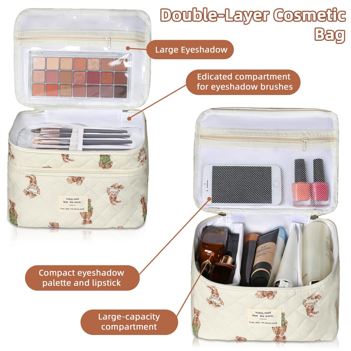 Bolsa de maquillaje, bolsa de cosméticos grande para mujeres y niñas, lindas bolsas de maquillaje acolchadas, bolsa de aseo estética de coquetas florales, bolsa organizadora de maquillaje de viaje