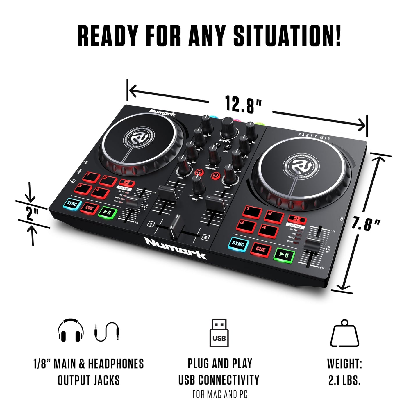 Controlador DJ Numark Party Mix II Luces Integradas para Serato DJ Lite y Algoriddim djay Pro AI